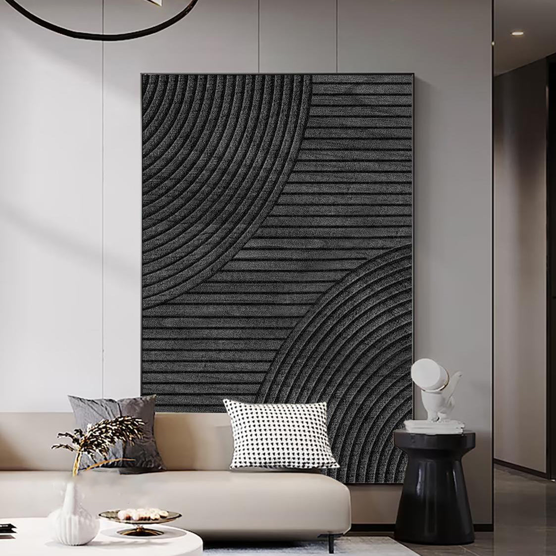 LINEAR ECLIPSE: Texture Wall Art, Hand-Painted All-Black Minimalist Geometric Plaster Relief 3D Textured Gallery Art