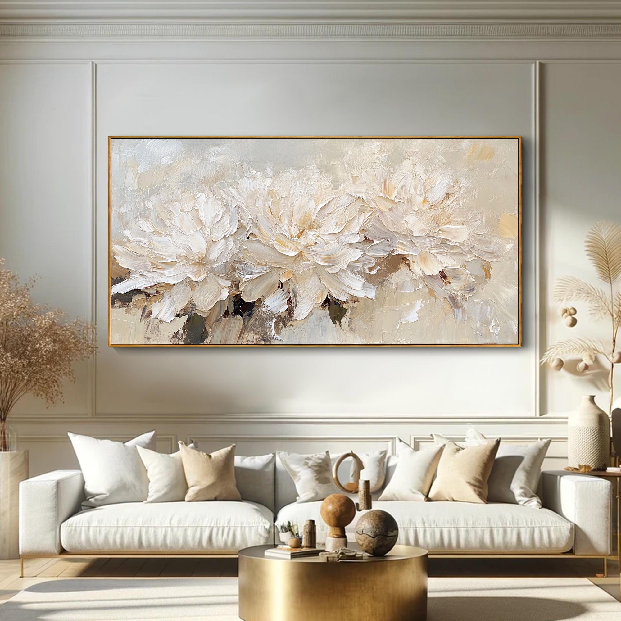 VANILLA PEONY: Panoramic 3D Heavy Texture Floral Wall Art, Creamy Relief Palette Knife Painting