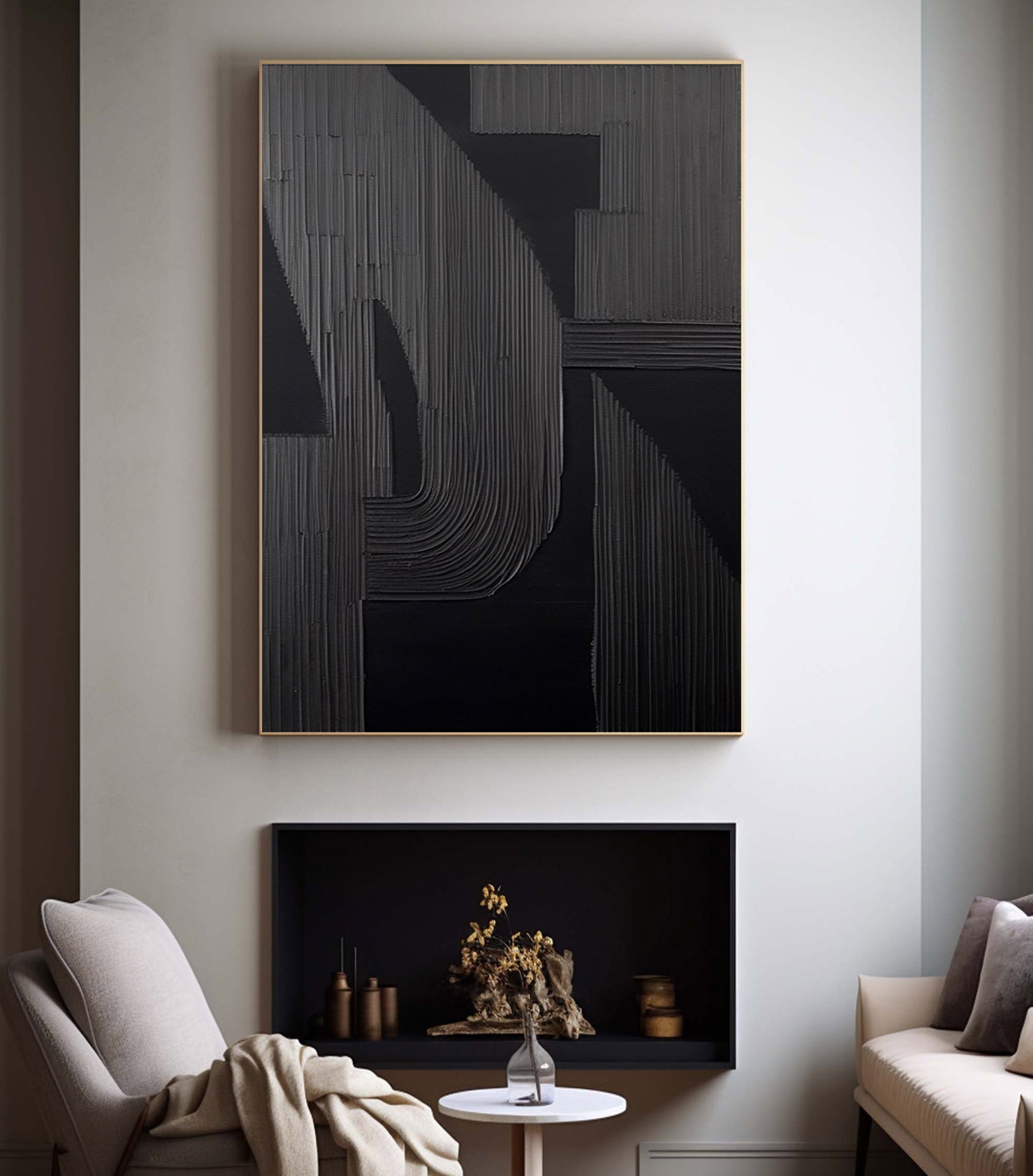 Shadow Arch – Hand-Painted Matte Black Fluted Texture 3D Relief Wabi-Sabi Painting | Japandi Wabi-Sabi Living Room & Bedroom Art