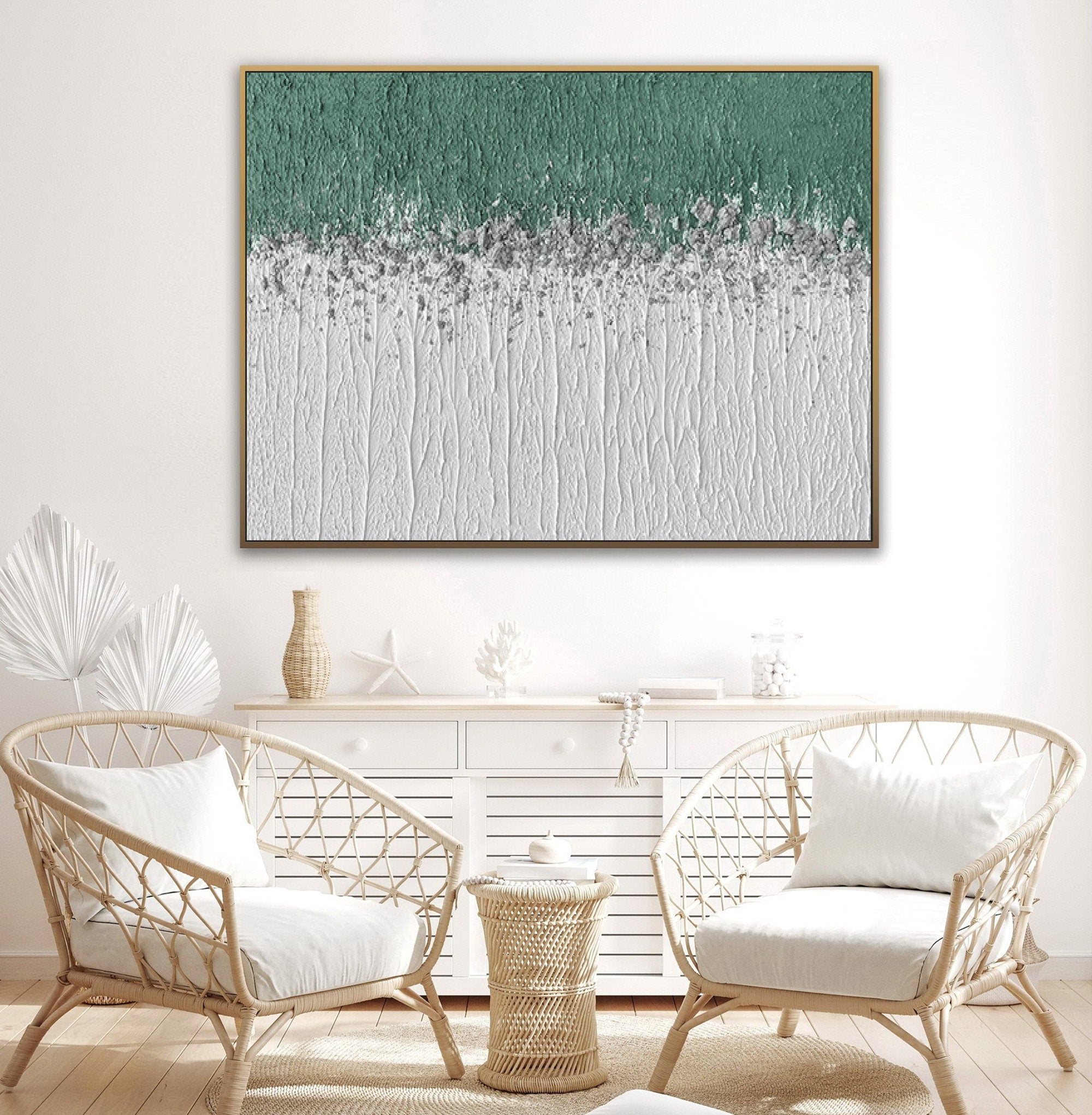 Misty Meadow – Panoramic Linear Texture Art | Heavy Impasto Green & White Abstract Living Room Decor