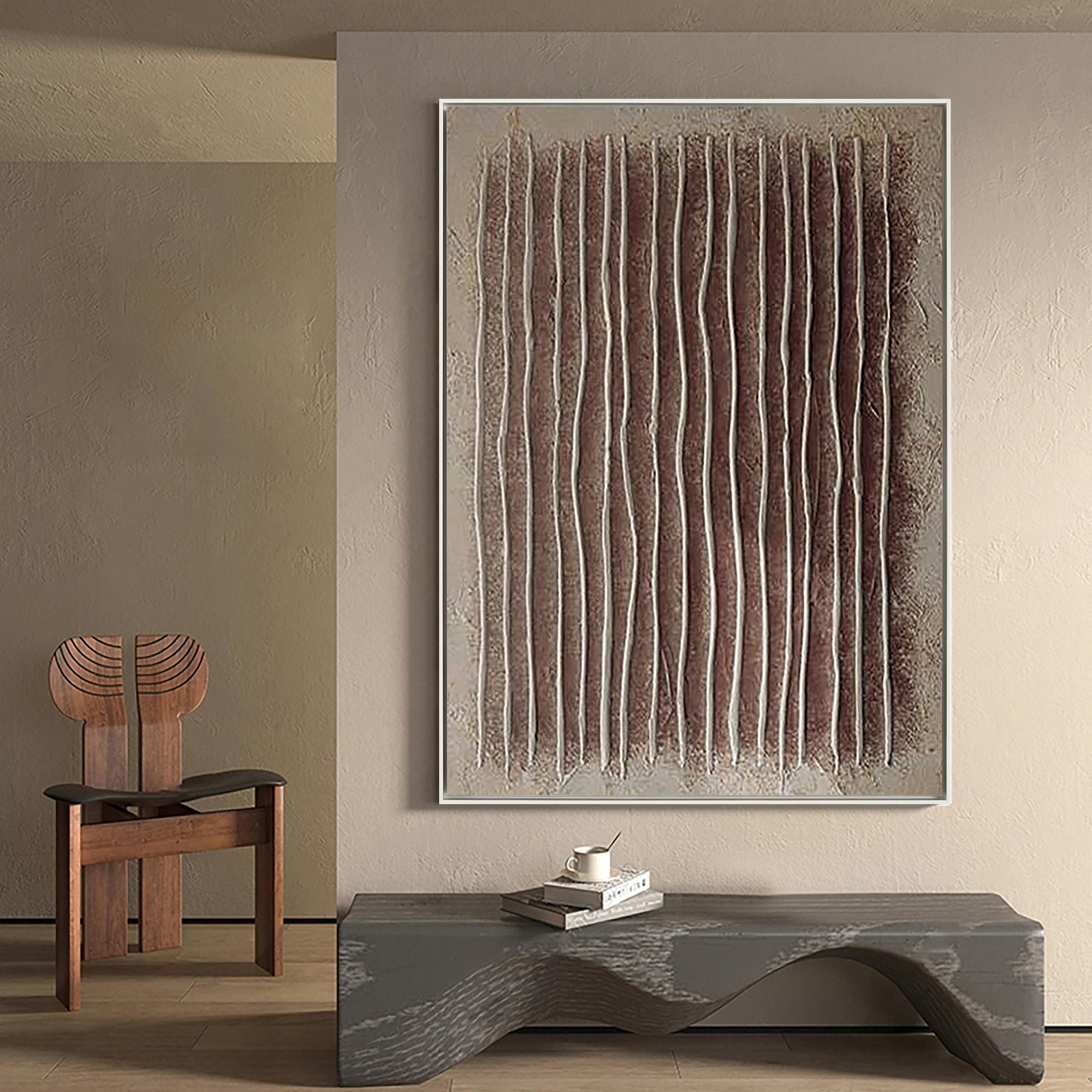 Vertical Echo – Hand-Painted Earthy Red and Beige Line Plaster Effect Wabi-Sabi Painting | Japandi Organic Wabi-Sabi Living Room & Hallway Art