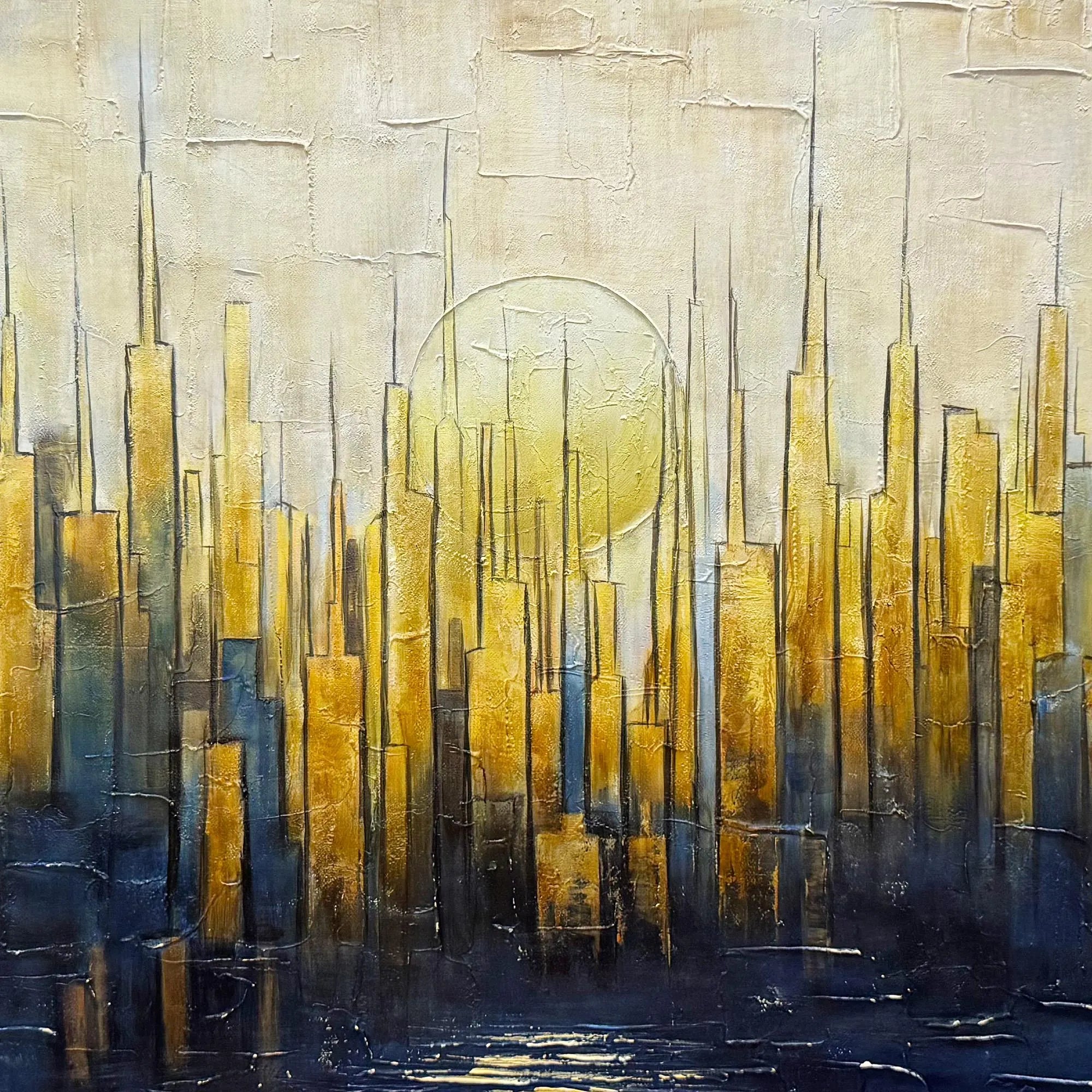 Glilded Horizon – Hand-Painted Blue and Gold Skyline Palette Knife Heavy Texture Oil Abstract Painting | Modern Abstract Living Room & Office Art