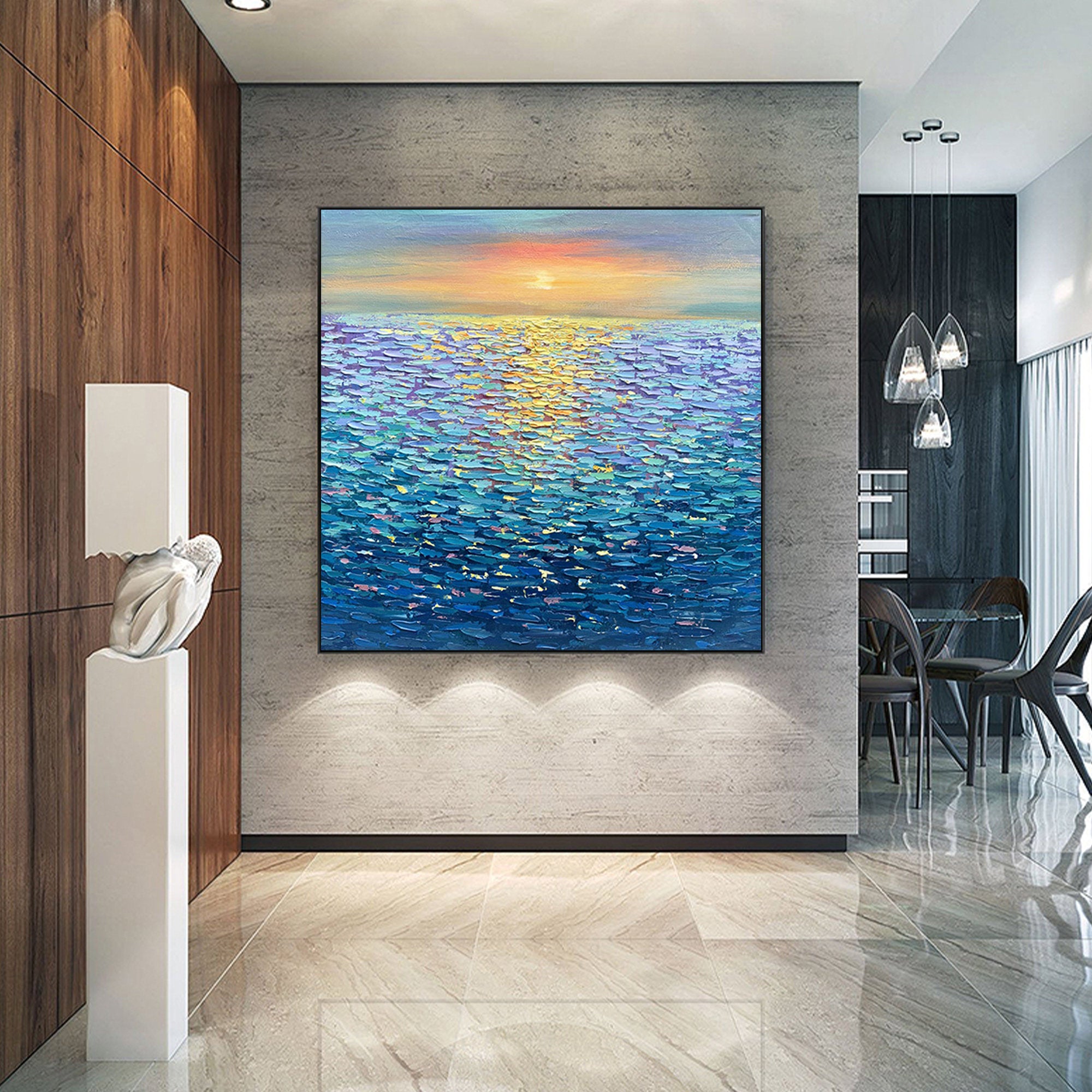 OCEAN GLOW: Square 3D Heavy Texture Seascape Wall Art, Modern Sunset Reflection Impasto