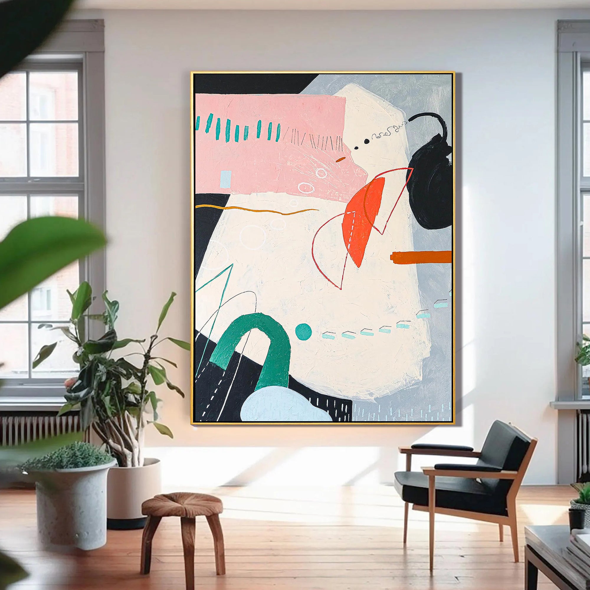 Pastel Geometric – Hand-Painted Soft Pink and Teal Geometric Shapes Abstract Painting | Modern Abstract Living Room & Office Art