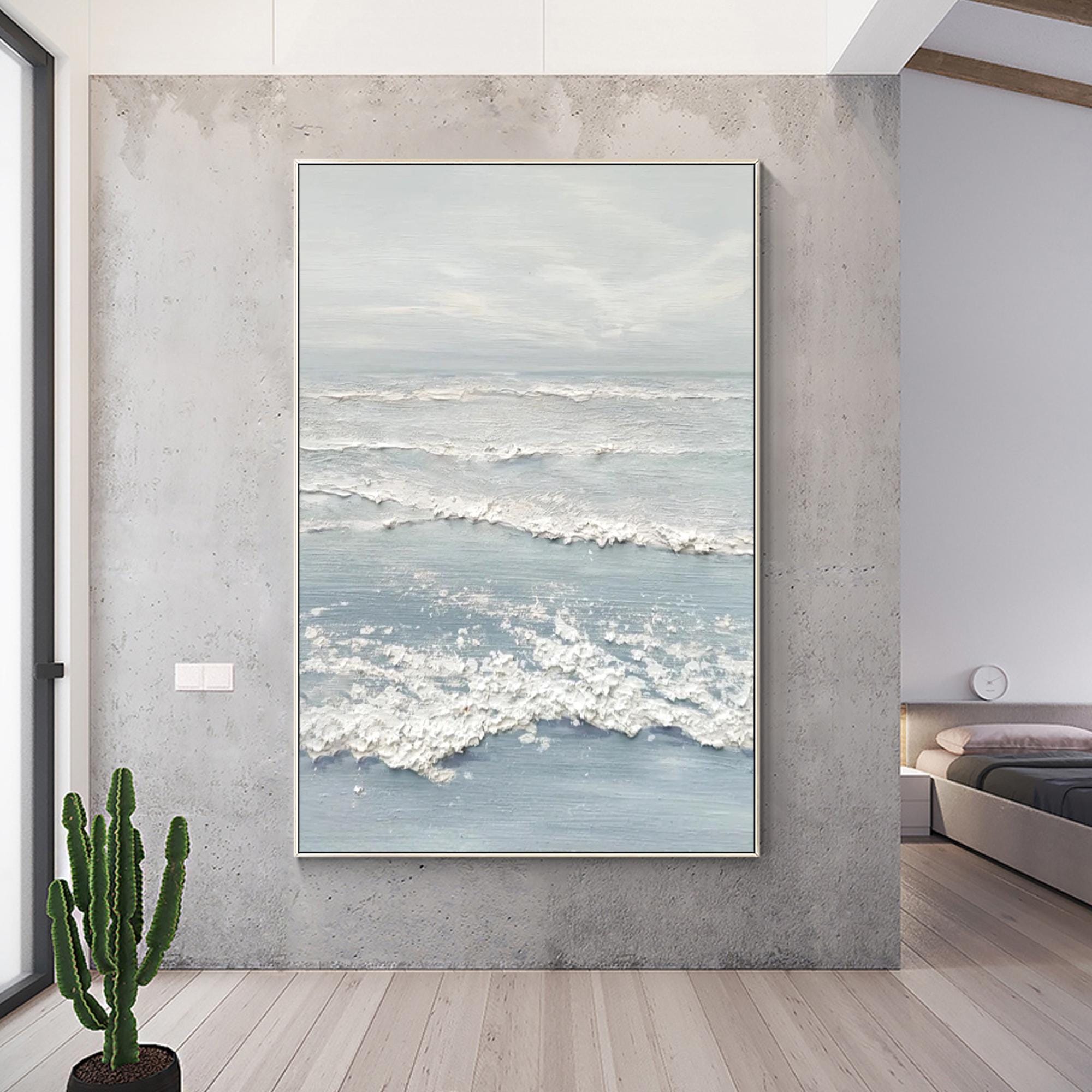 Ocean Mist – Hand-Painted Pale Blue 3D Impasto Wave Seascape Painting | Coastal Modern Living Room & Bedroom Art