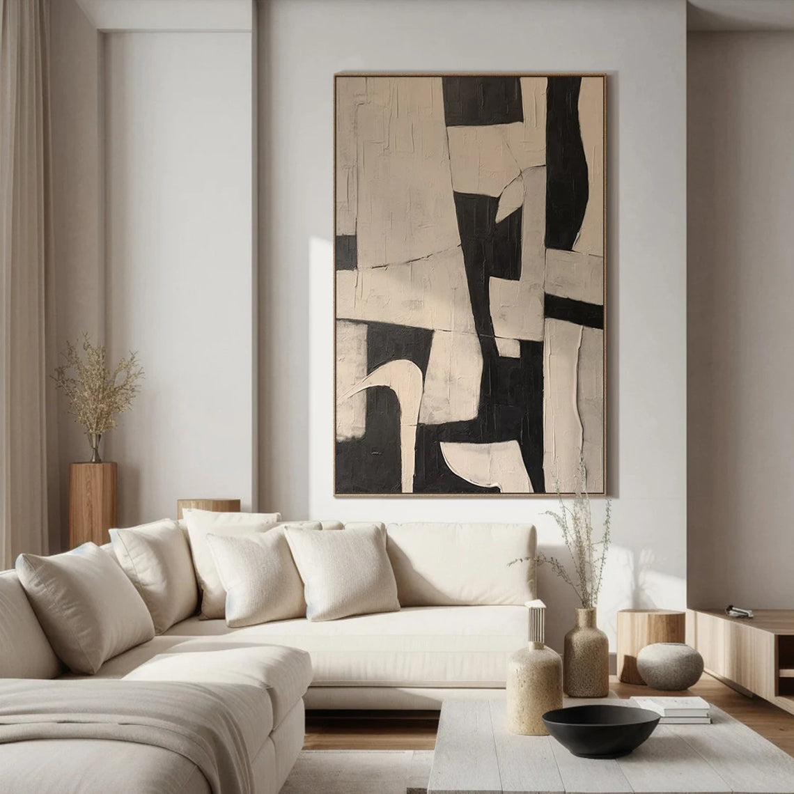Oatmeal Structure – Hand-Painted Minimalist Oatmeal and Tan Wabi-Sabi Painting | Japandi Organic Wabi-Sabi Living Room & Hallway Art