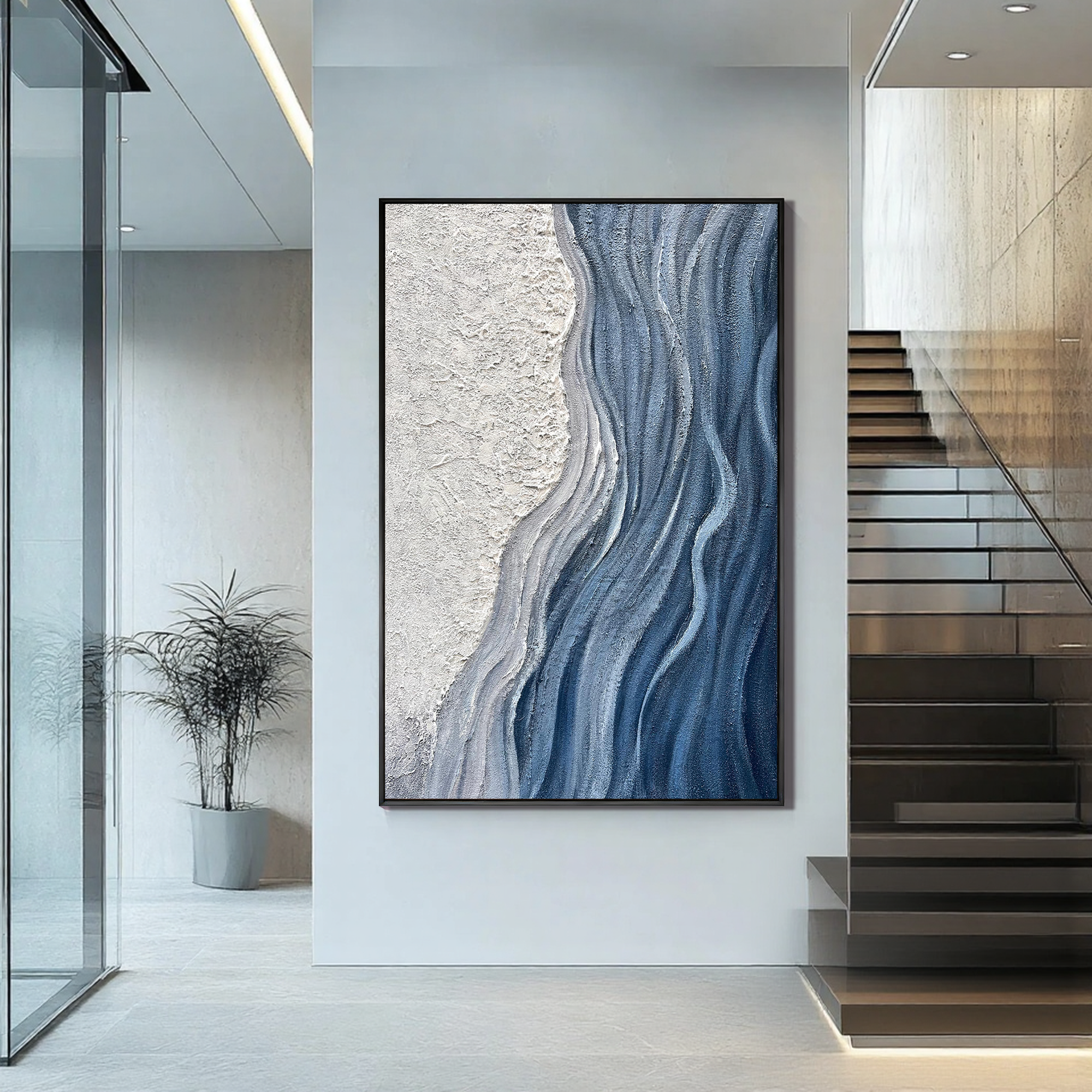 GLACIAL FLOW: Texture Wall Art, Hand-Painted Deep Blue and White Plaster Effect Relief 3D Heavy Texture Studio Art