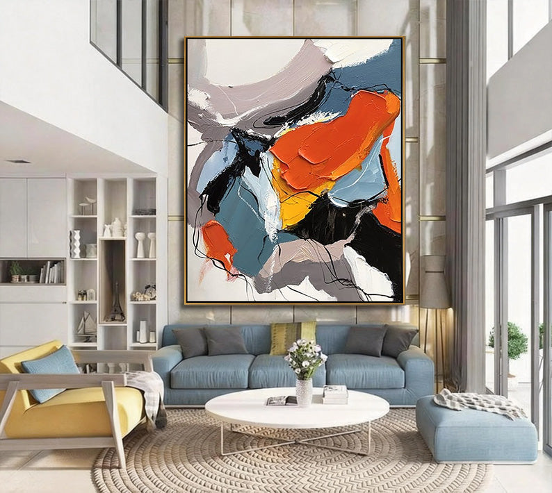 Vibrant Energy – Hand-Painted Bold Orange and Slate Grey Palette Knife Abstract Painting | Bold Abstract Palette Knife Living Room Art