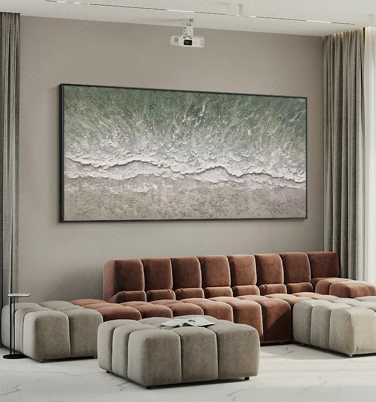 Tidal Whispers – Modern Coastal Sage Green Ocean Wave Painting | Horizontal Textured Living Room Art