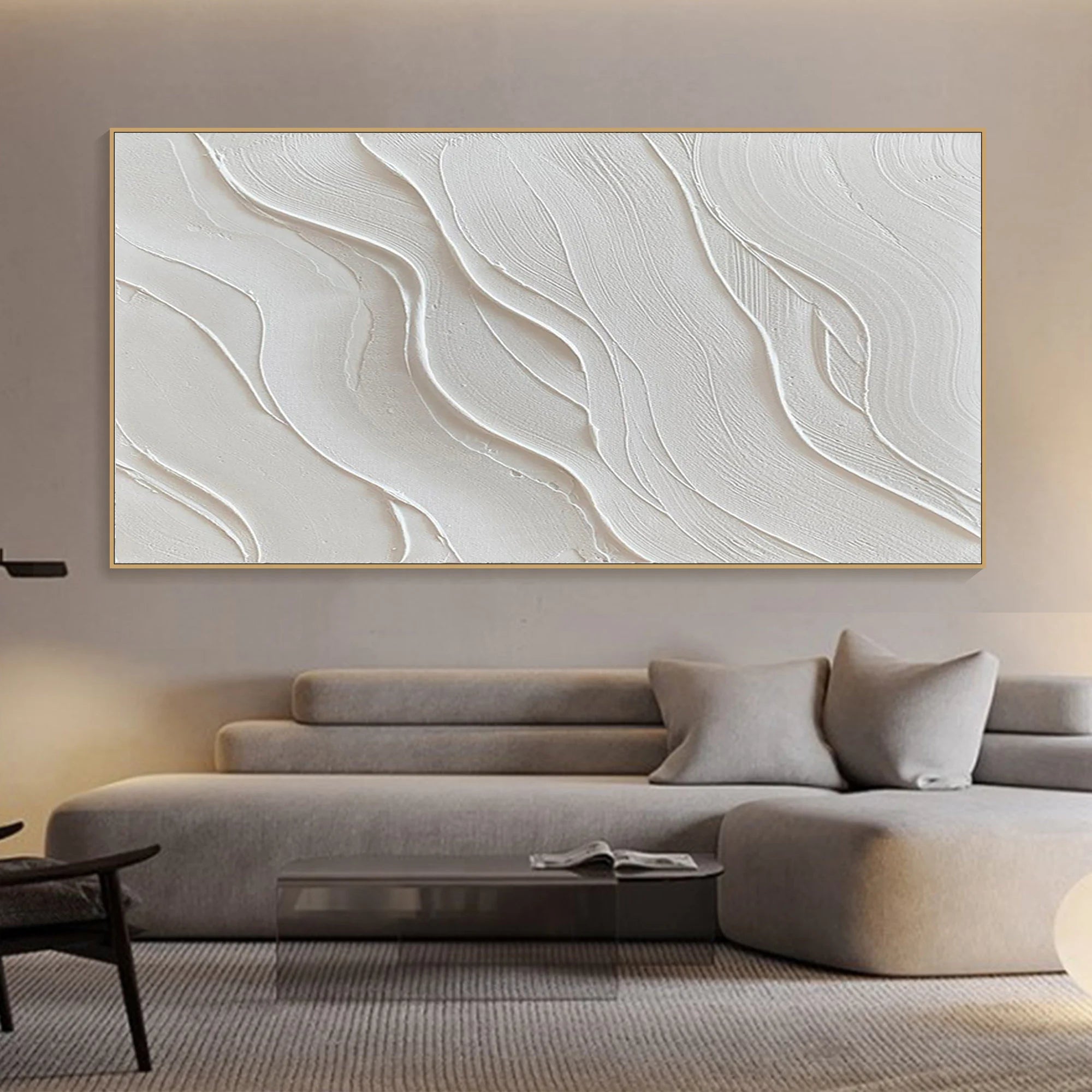 ZEN RIPPLE: Minimalist Wall Art, Hand-Painted Horizontal Neutral Beige Fluid Plaster Lines 3D Textured Gallery Art