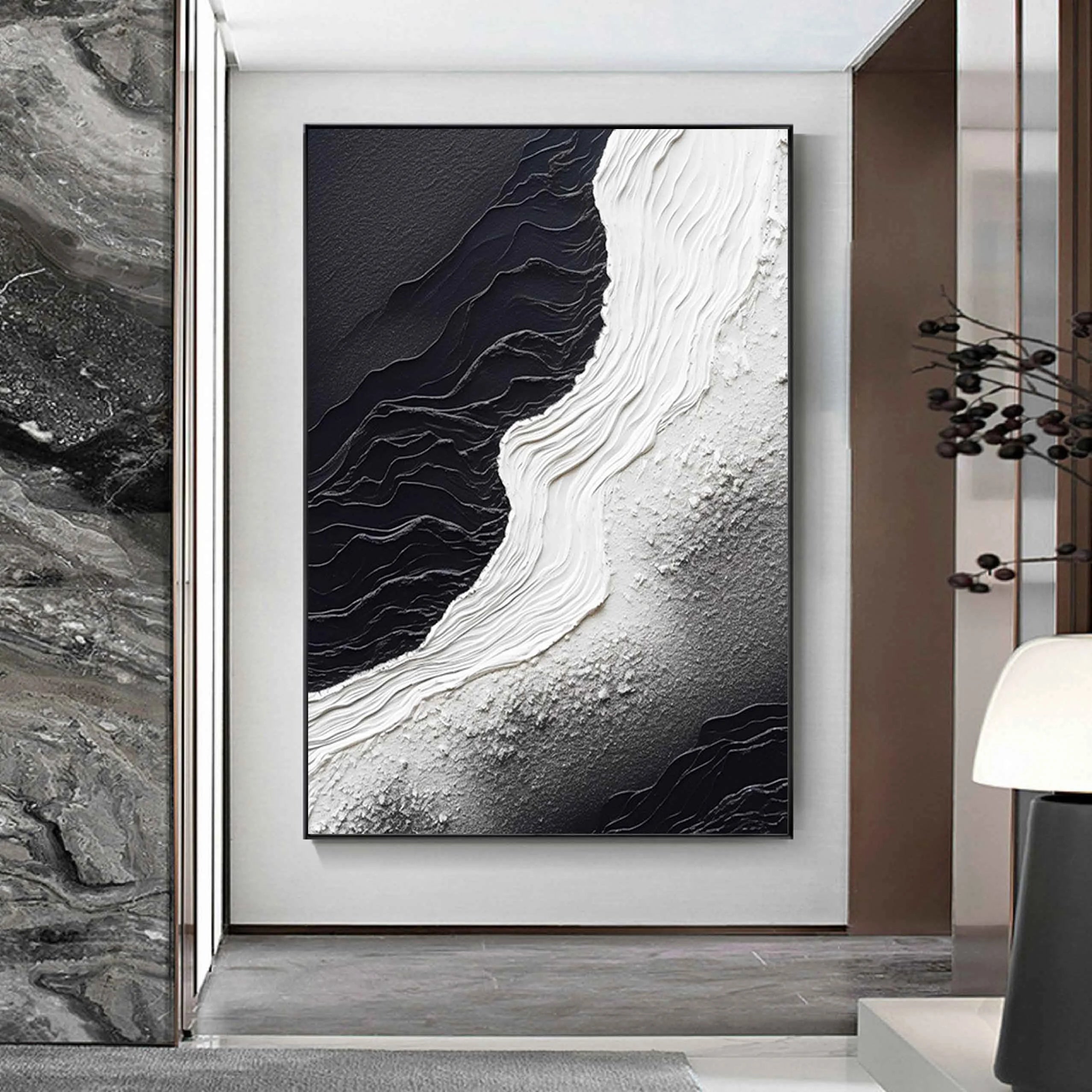 Echo of Monolith – Modern Minimalist Black and White Heavy Textured Painting | Wabi-Sabi Abstract Hallway Art