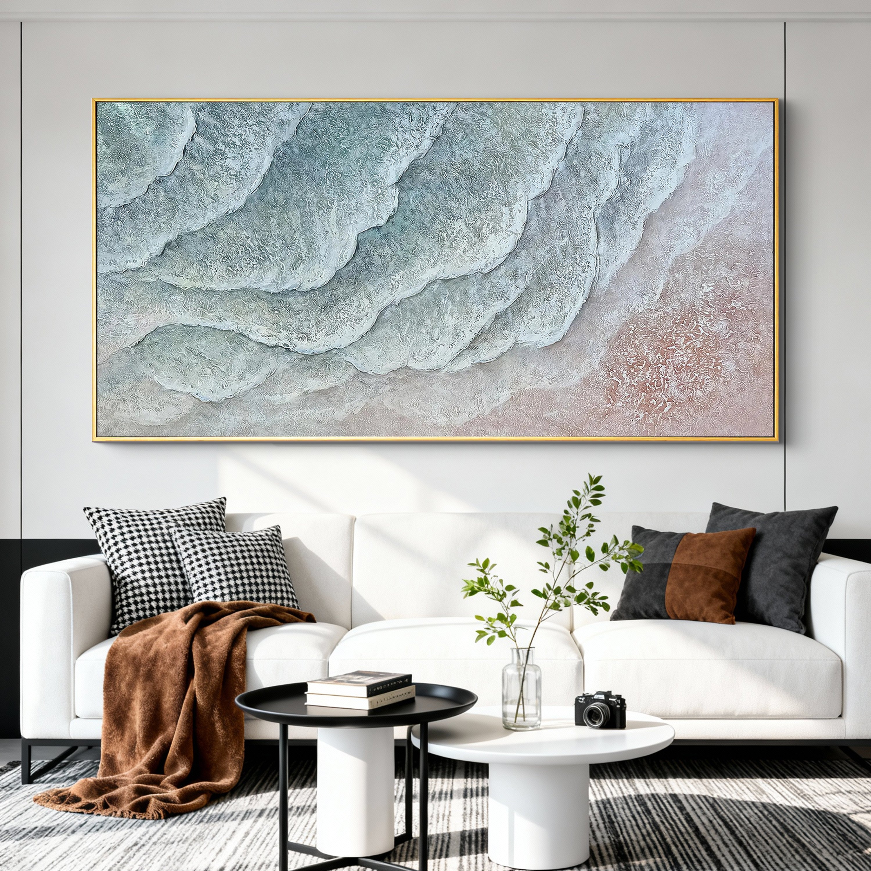 Gentle Tides – Modern Heavy Textured Abstract Waves | Wabi-Sabi Living Room Horizontal Wall Art