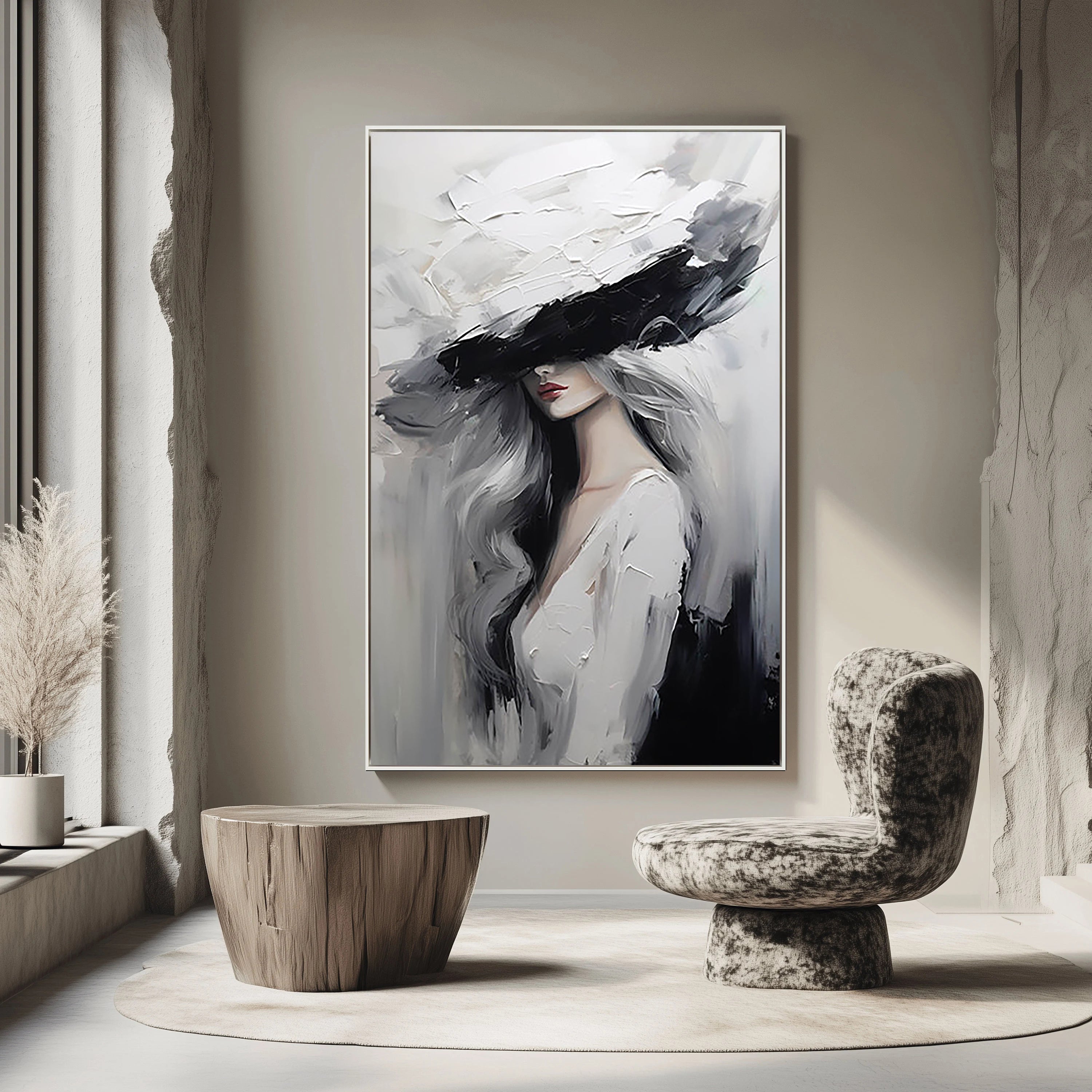 Modern Chic – Palette Knife Portrait Painting | Stylish Lady in Hat Abstract Bedroom Oil Art