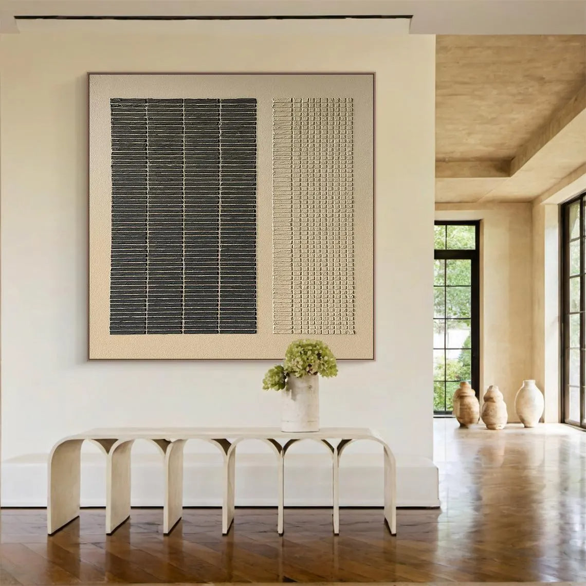 Onyx & Sand – Black & Neutral Plaster Relief Wabi-Sabi Painting | Japandi Organic Wabi-Sabi Living Room & Hallway Art