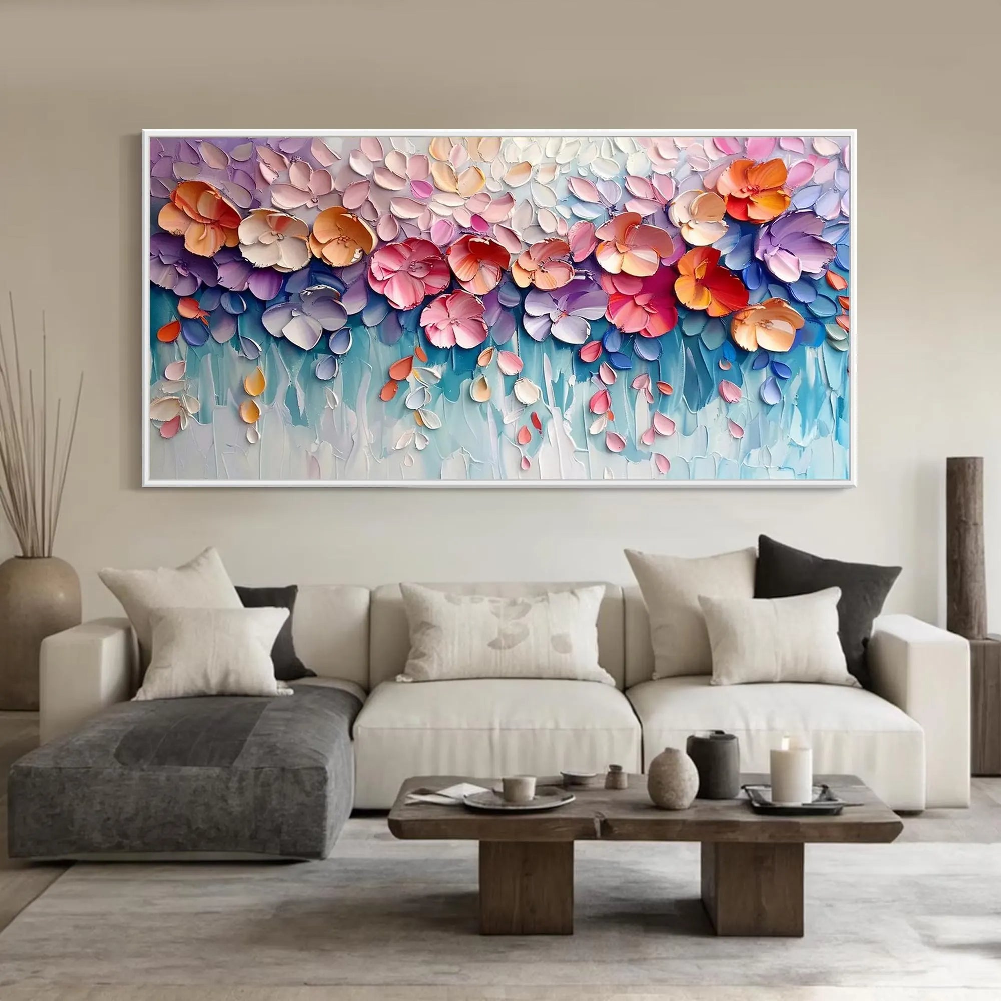 Flora’s Reverie – Modern 3D Impasto Pastel Floral Art | Romantic Living Room Horizontal Canvas