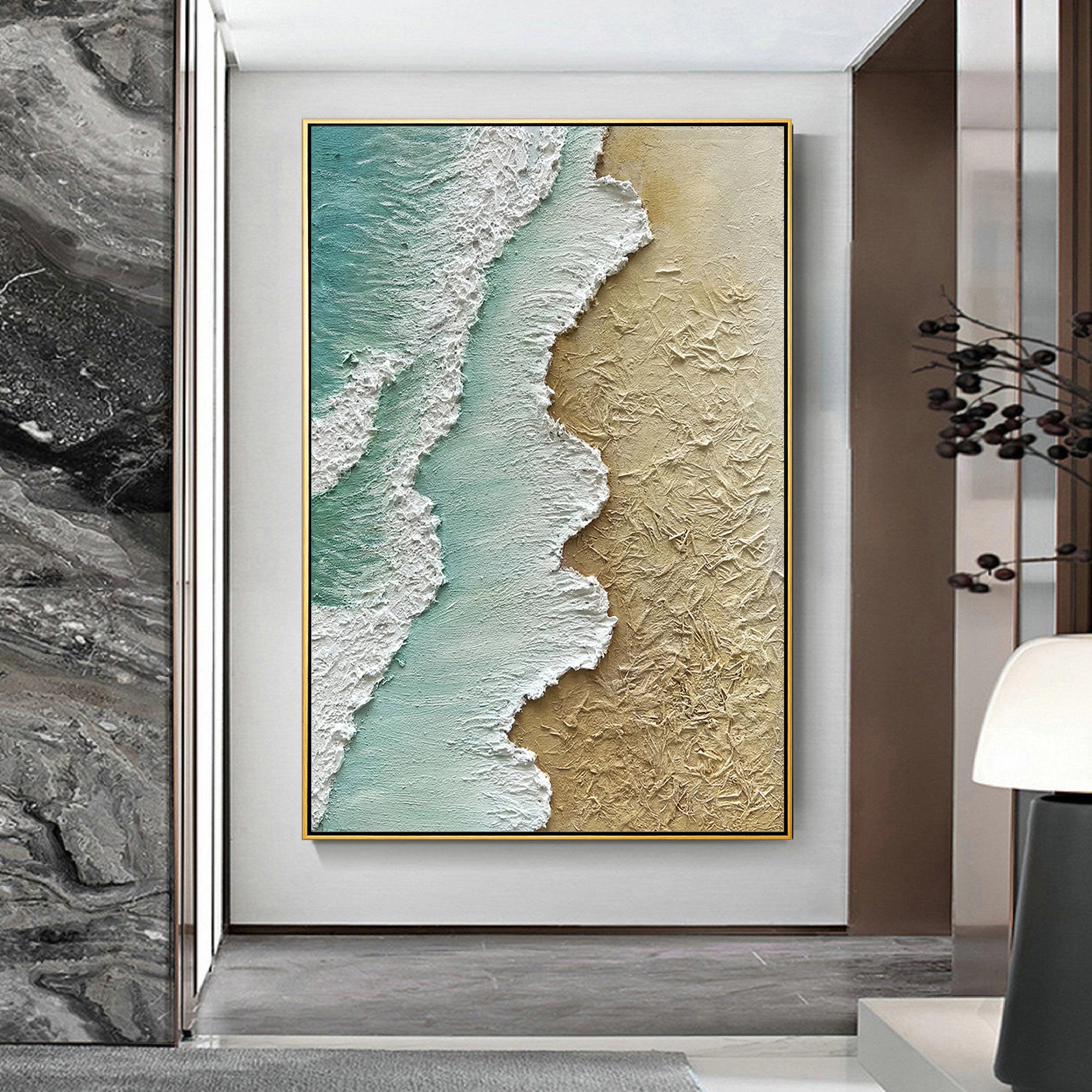 Emerald Coast – 3D Textured Seascape Abstract Heavy Painting | Coastal Modern Living Room & Bedroom Art