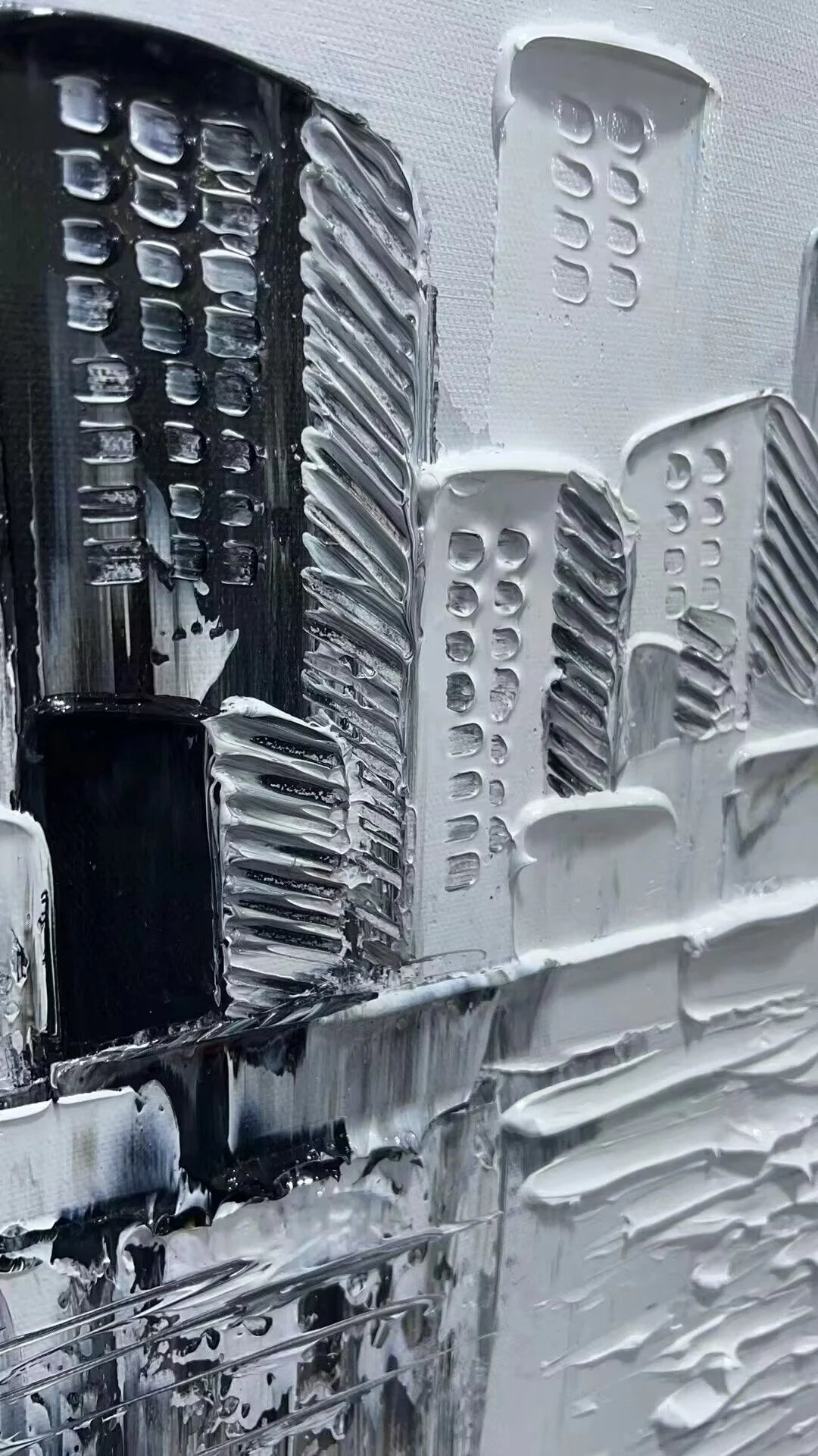 Rainy Romance – Hand-Painted Black and White Skyline Palette Knife Red Umbrella Textured Oil Cityscape Painting | Modern Noir Portrait Living Room & Hotel Art