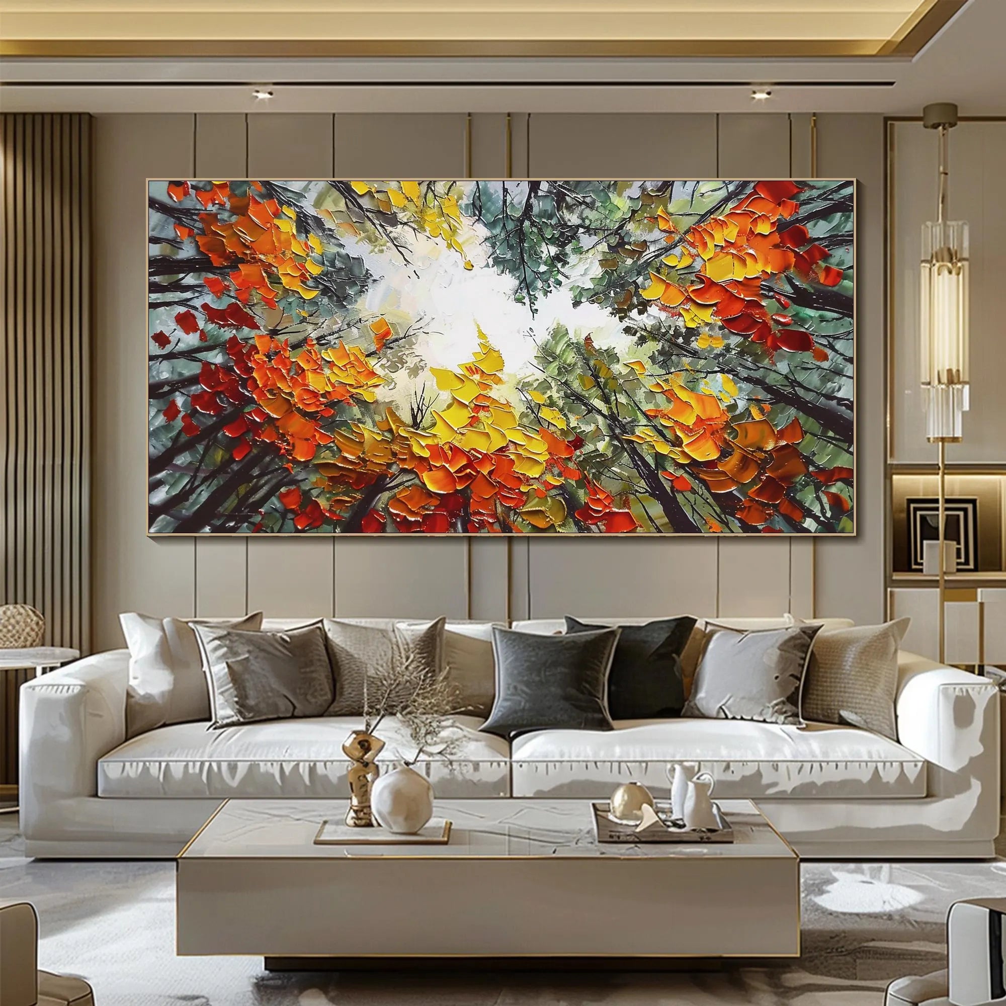 Autumn Canopy – Hand-Painted Worm's-Eye View Autumn Tree Leaves Palette Knife Forest Painting | Contemporary Landscape Living Room & Dining Room Art