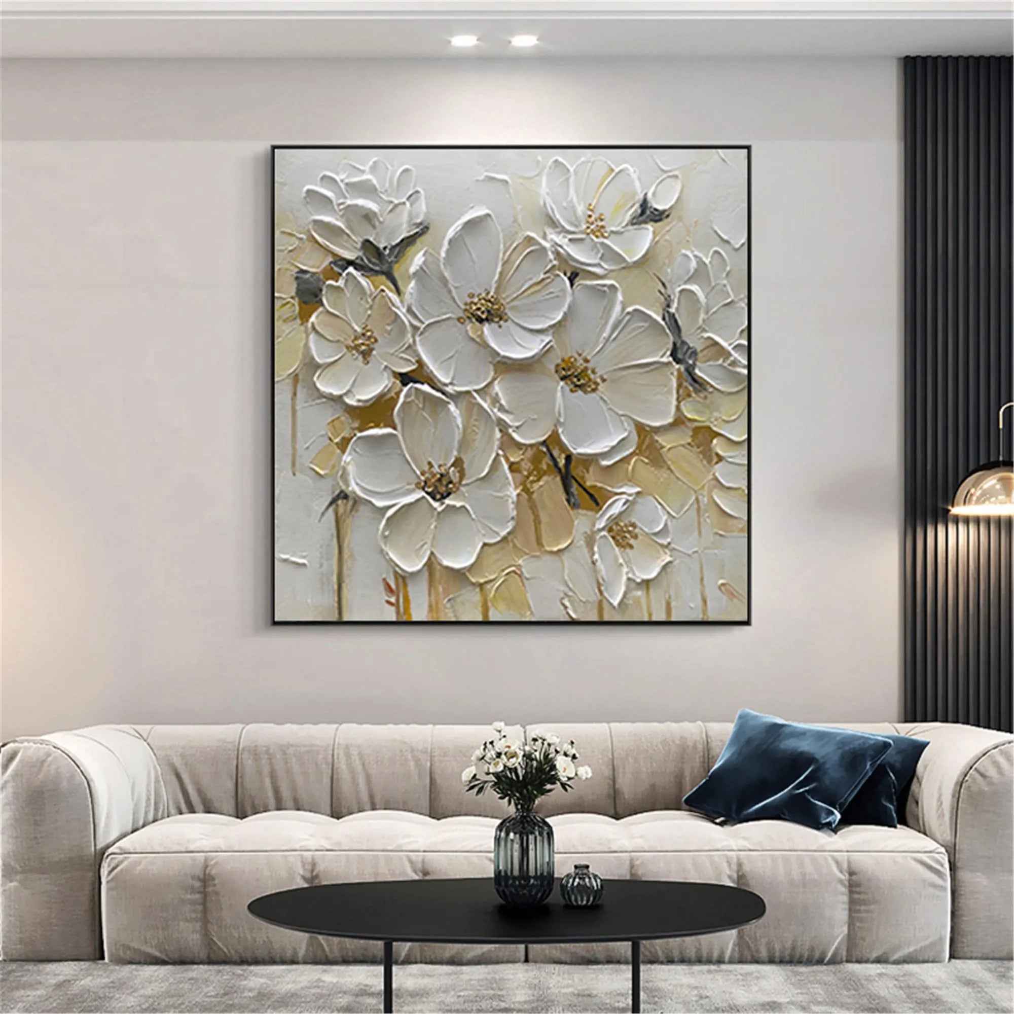 Creamy Bloom – White Petal Relief Floral Painting | Soft Organic Botanical Bedroom & Living Room Art