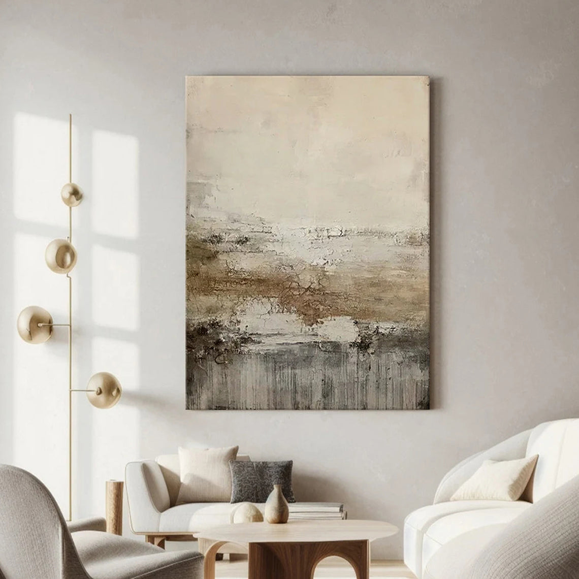 Earthen Mist – Hand-Painted Distressed Brown and Beige Plaster Effect Abstract Painting | Japandi Organic Wabi-Sabi Living Room & Hallway Art
