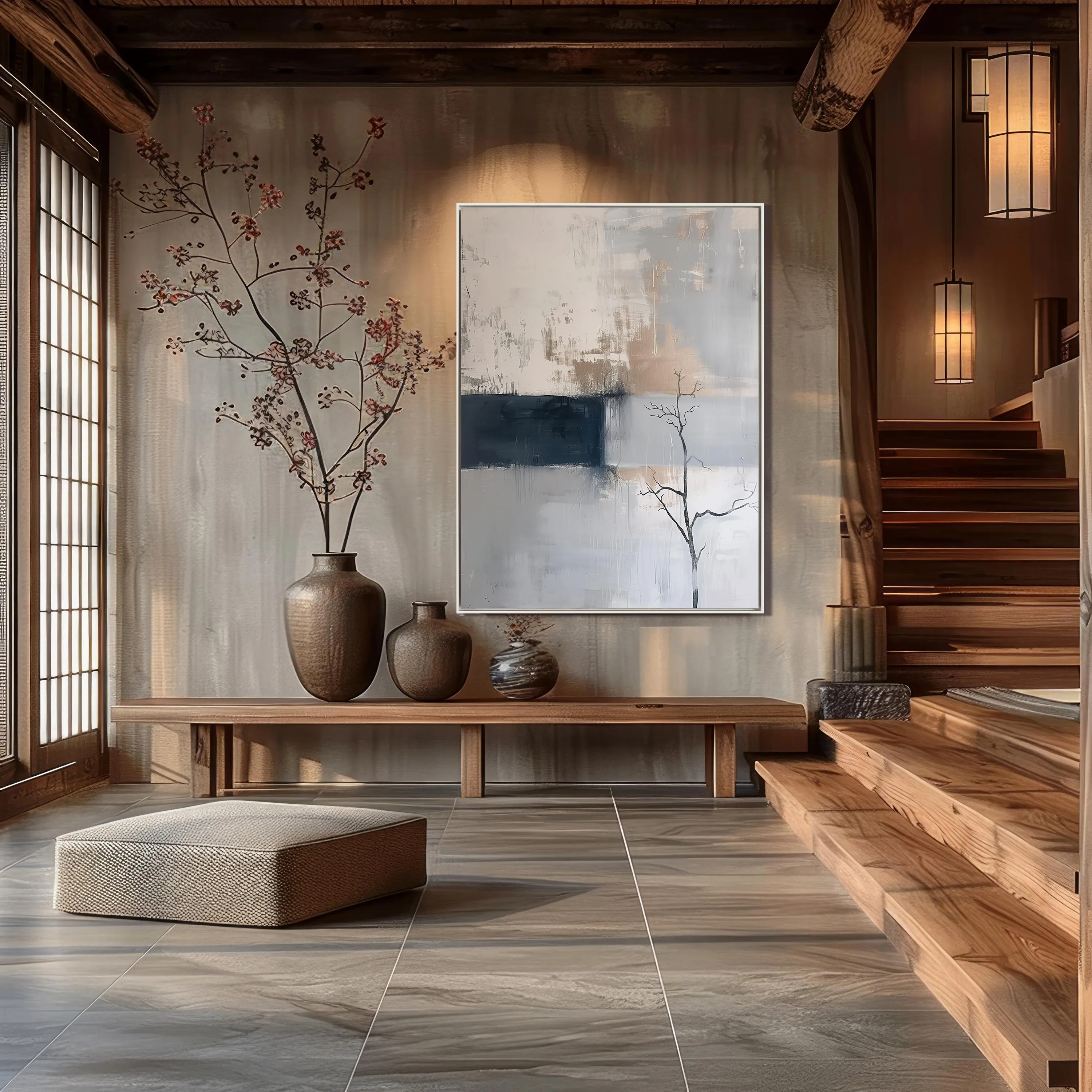 Silent Branch – Modern Neutral Grey & Sand Textured Canvas Wabi-Sabi Painting | Japandi Organic Wabi-Sabi Living Room & Hallway Art