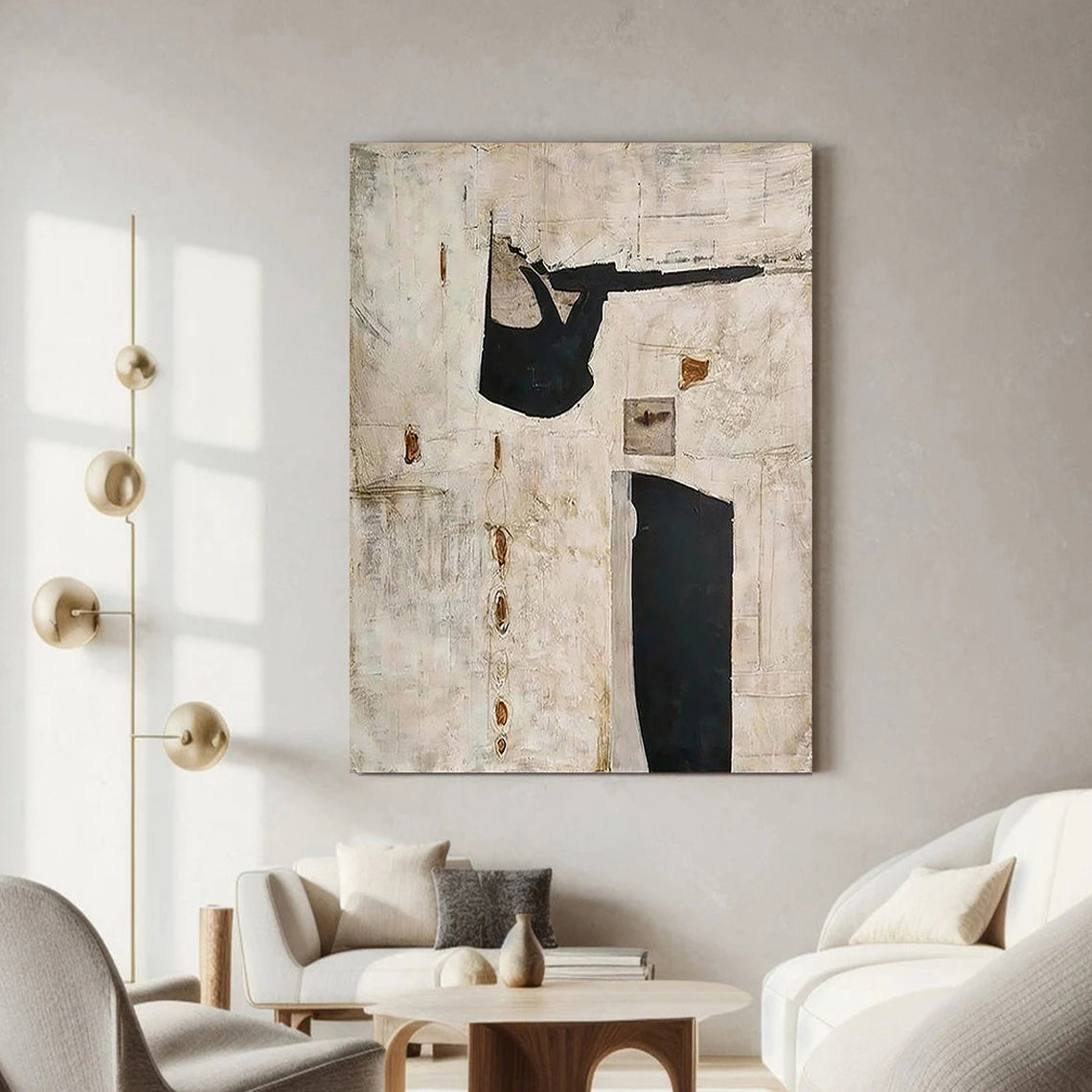 Ancient Echo – Modern Neutral Plaster Relief with Black Geometric Shap