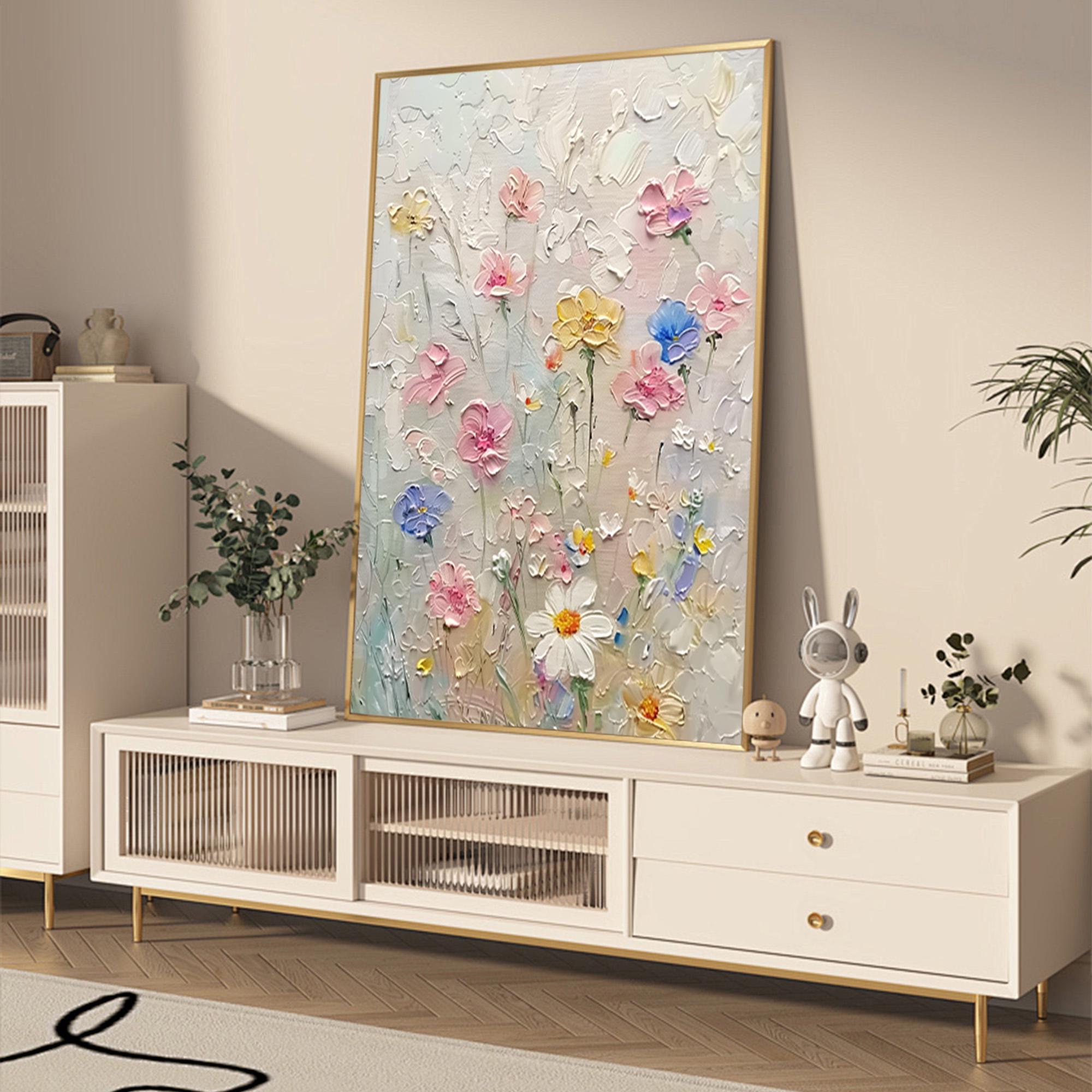 Wild Daisy – Hand-Painted Minimalist Beige and Pink 3D Floral Painting | Soft Organic Botanical Bedroom & Living Room Art