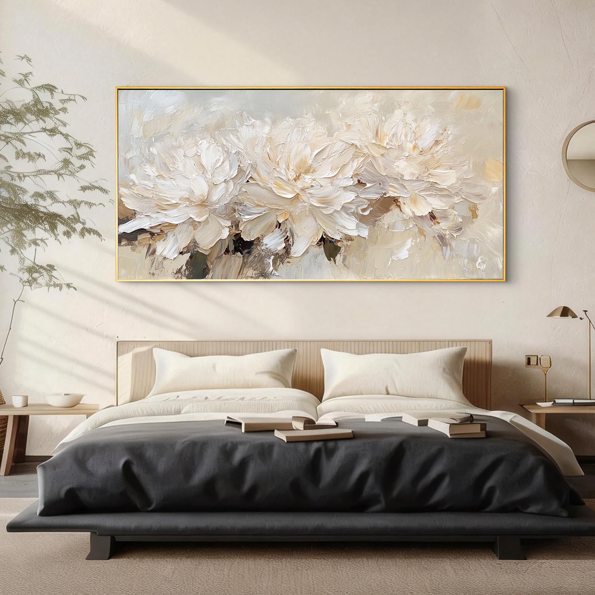 VANILLA PEONY: Panoramic 3D Heavy Texture Floral Wall Art, Creamy Relief Palette Knife Painting