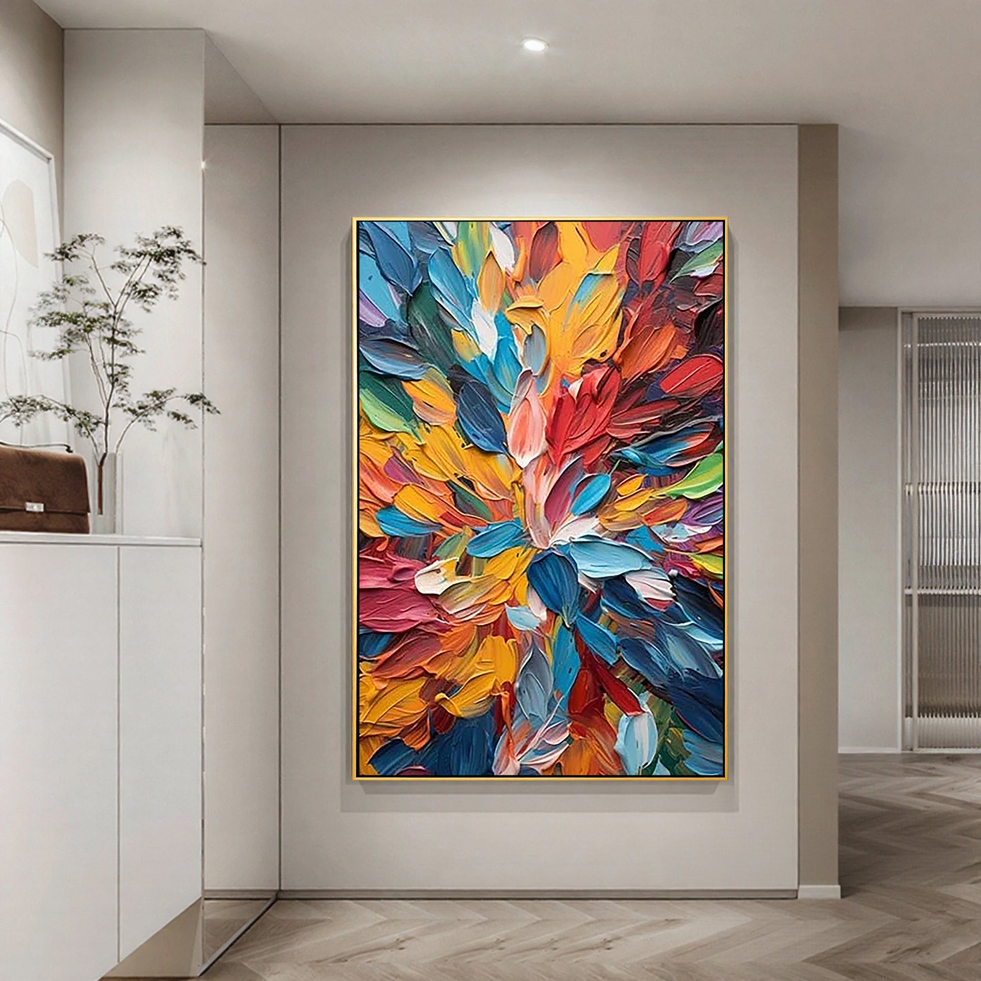 Chroma Burst – Hand-Painted Vibrant Rainbow Palette Knife 3D Floral Painting | Vibrant Botanical Living Room & Dining Room Art