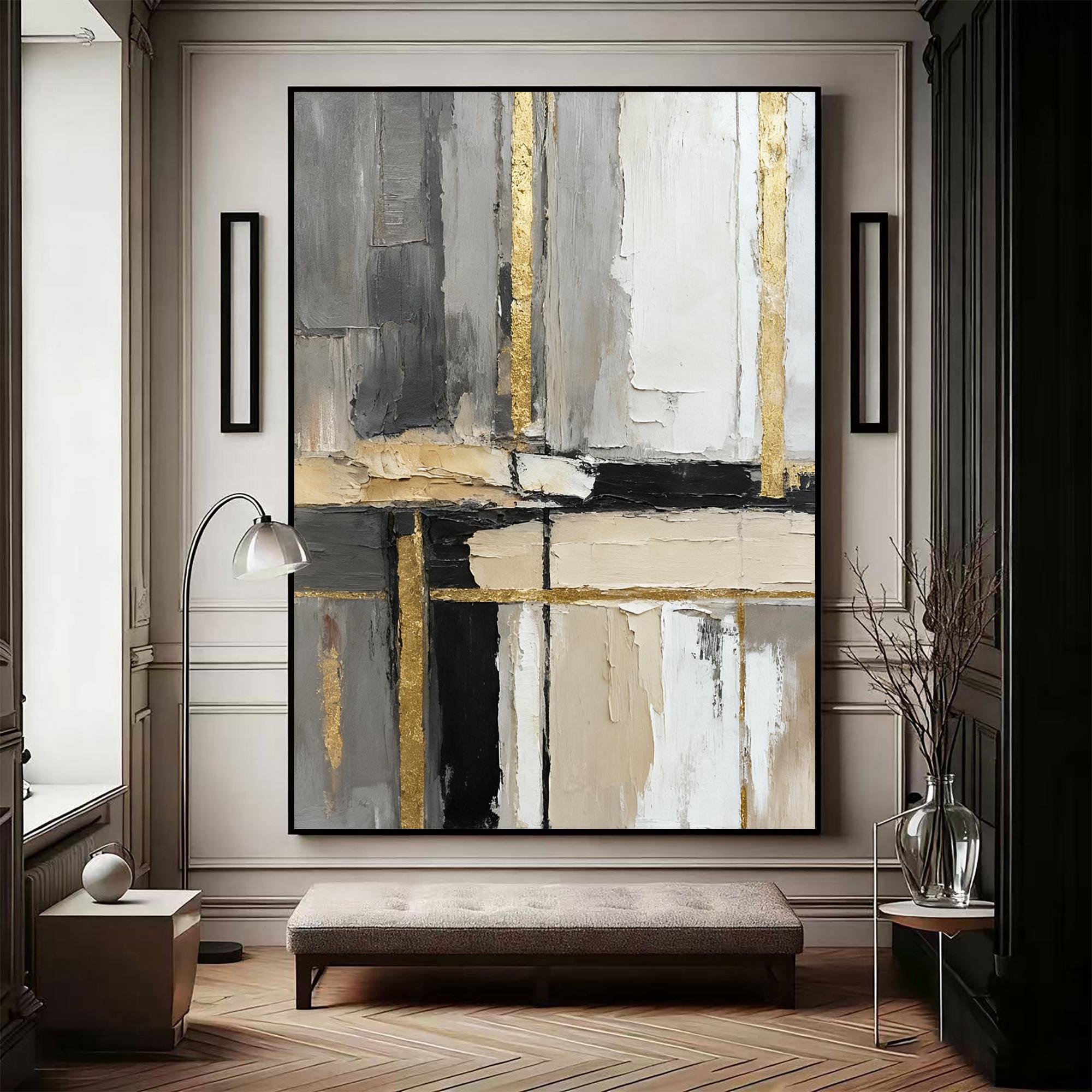 GOLDEN URBAN: Abstract Wall Art, Hand-Painted Minimalist Grey and Gold Foil Vertical Line 3D Textured Canvas Art