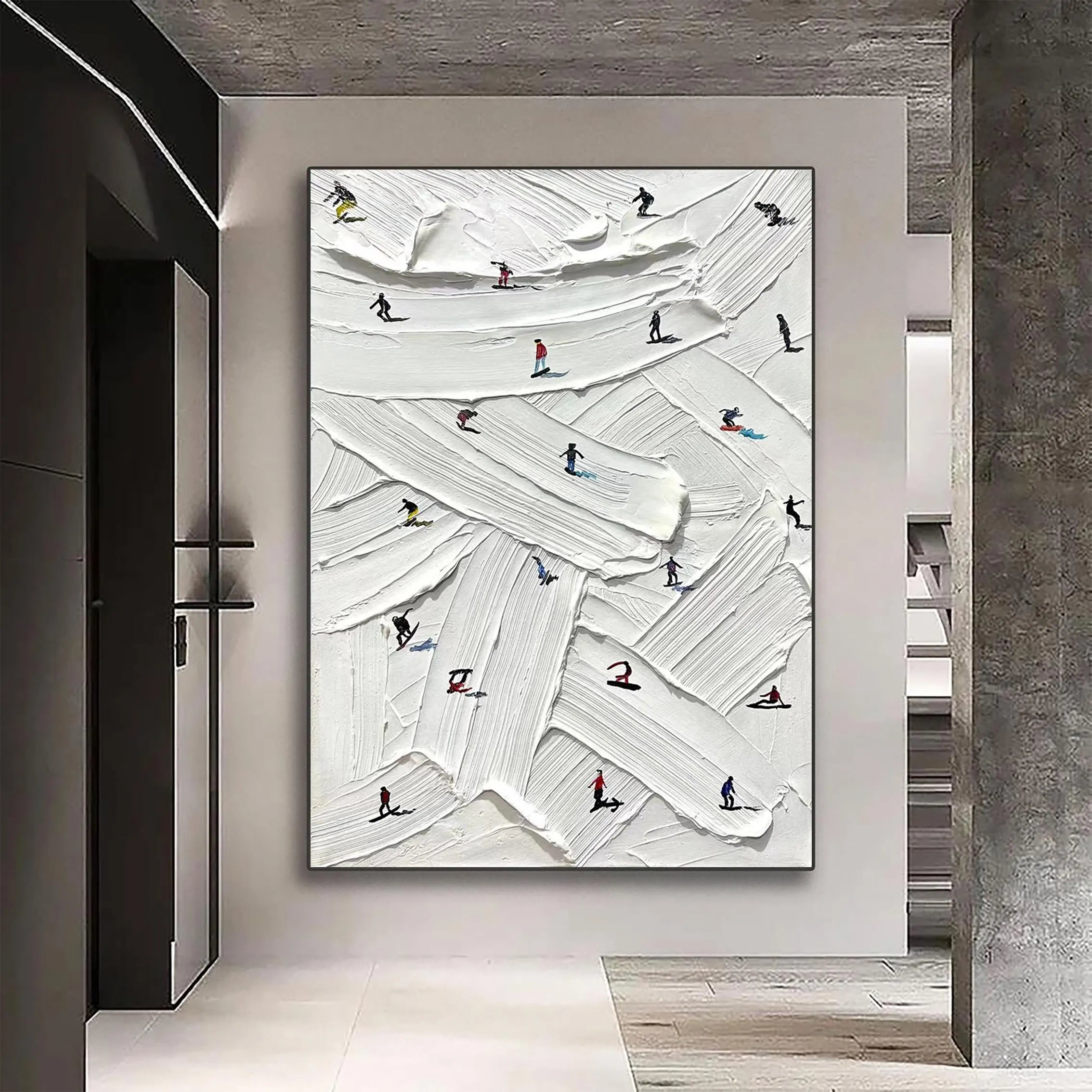 Winter Crossing – Hand-Painted Minimalist Skiing Athletes 3D Plaster Effect Sport Painting | Contemporary Sport Home Office & Living Room Art