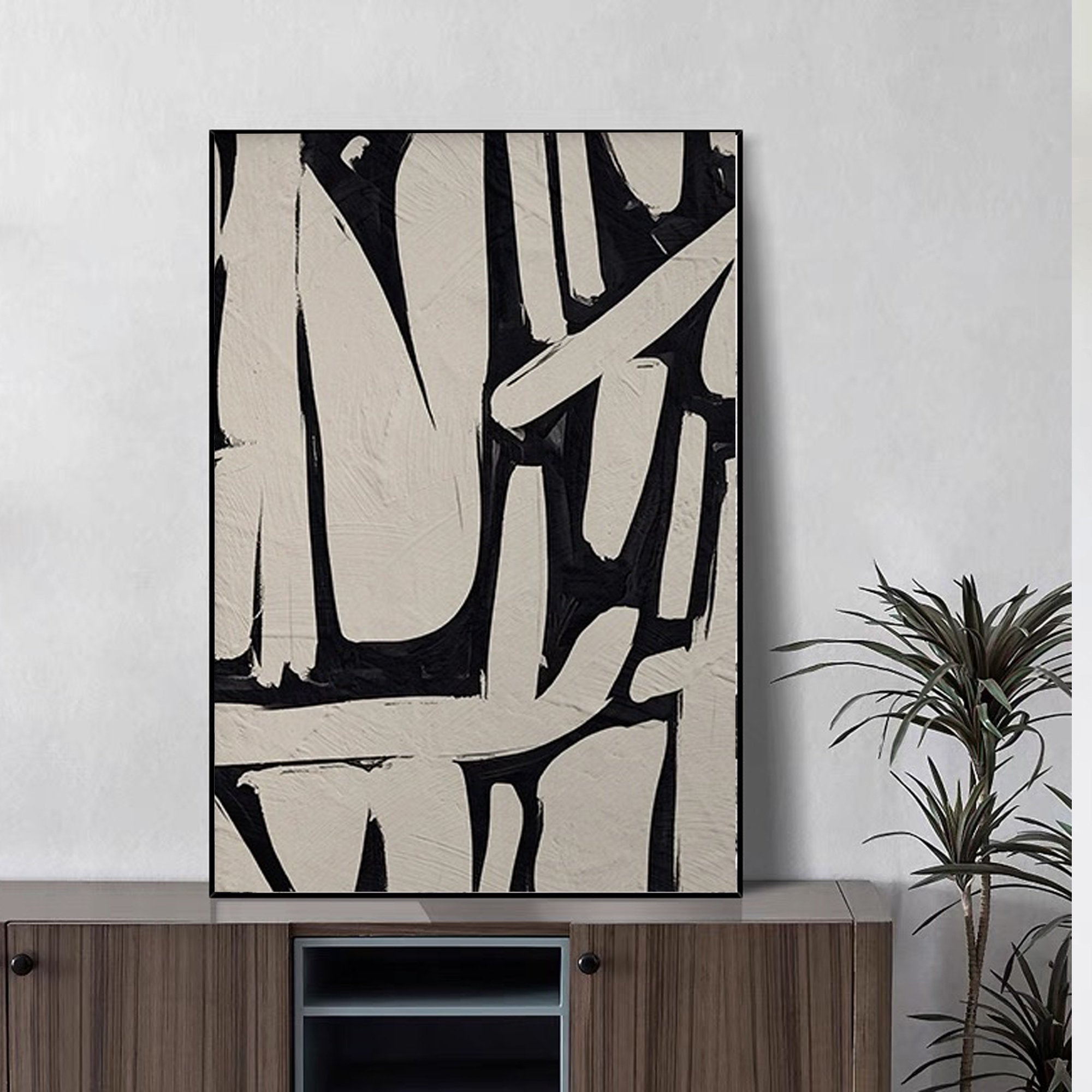 MONOCHROME TRACE: Wabi-Sabi Wall Art, Hand-Painted Black and Beige Palette Knife 3D Heavy Texture Studio Art