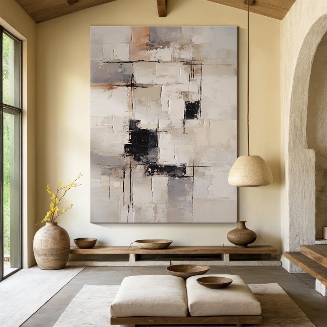 URBAN GEOMETRY: Abstract Wall Art, Hand-Painted Modern Neutral Palette Knife Block Textured Oil Painting
