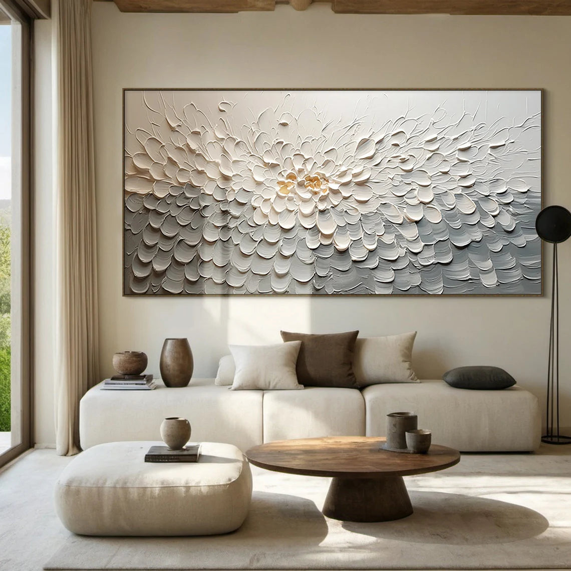 Snow Blossom – Neutral Plaster Relief Floral Painting | Soft Organic Botanical Bedroom & Living Room Art