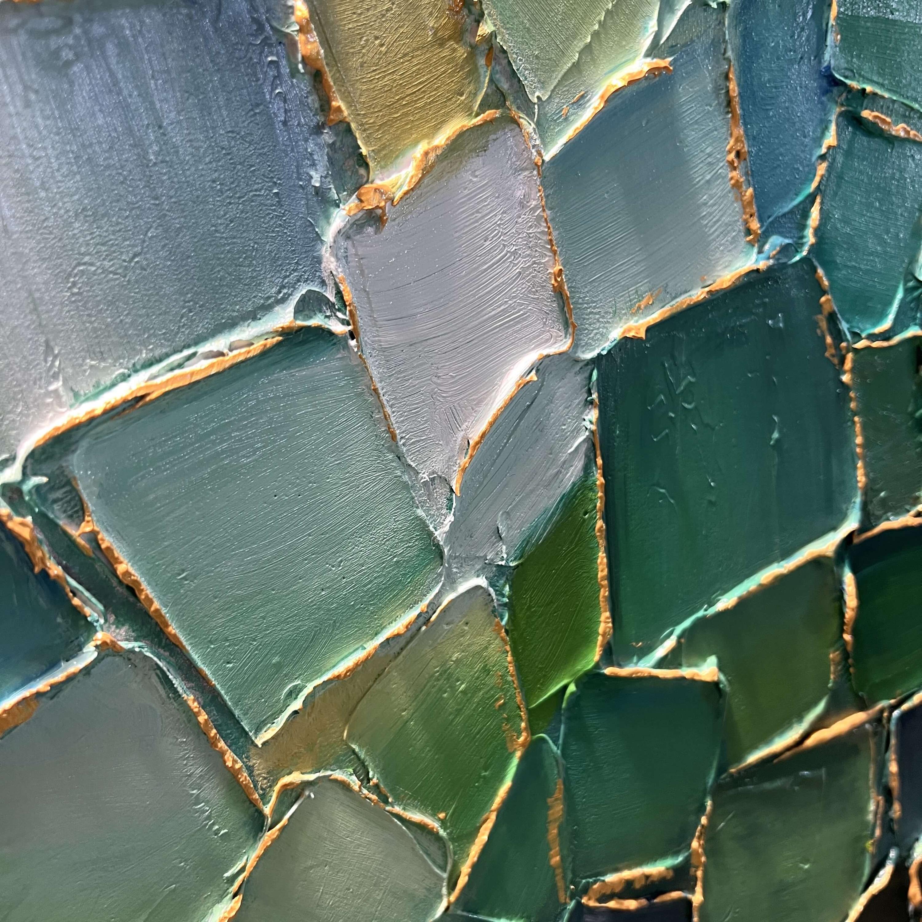 Emerald Mosaic – Hand-Painted Emerald Green and Mint 3D Plaster Relief Texture Painting | Modern Abstract Living Room & Office Art