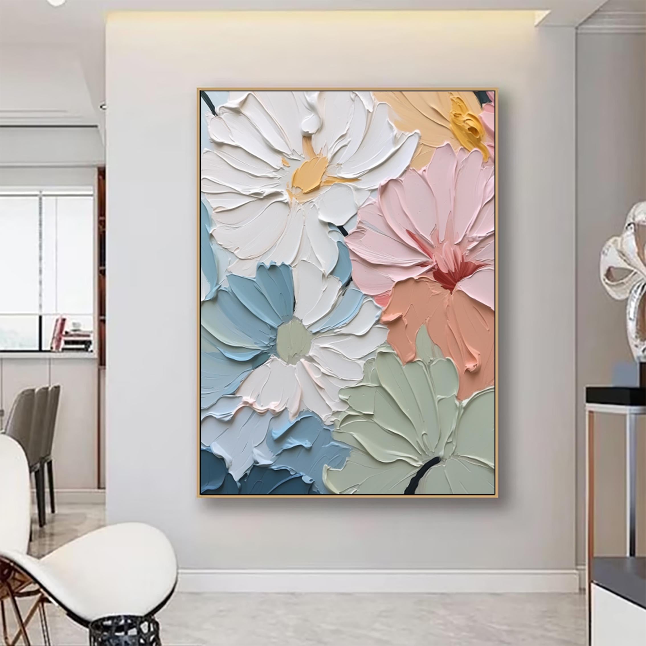 Pastel Blooms – Hand-Painted 3D Impasto Multicolored Flower Thick Floral Painting | Vibrant Botanical Living Room & Dining Room Art