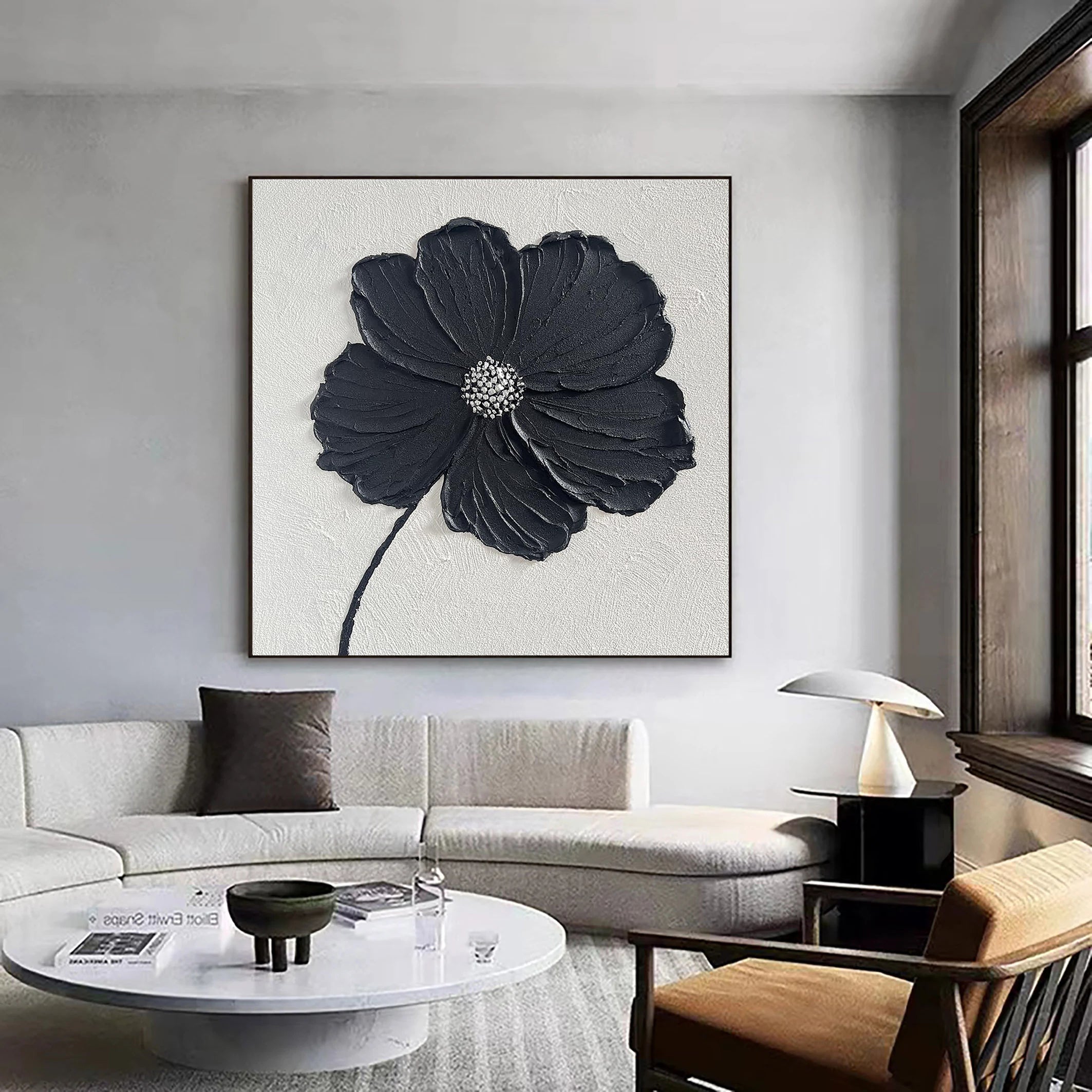 Midnight Petal – Black Minimalist Plaster Relief Floral Painting | Contemporary Botanical Bedroom & Living Room Art