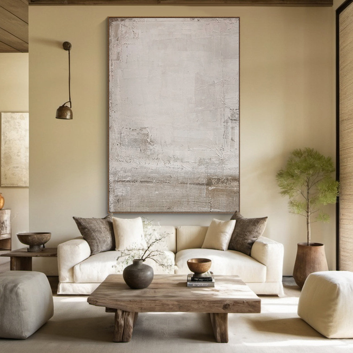 Ancient Vestige – Hand-Painted Distressed Grey and White Plaster Effect Wabi-Sabi Painting | Japandi Wabi-Sabi Living Room & Bedroom Art