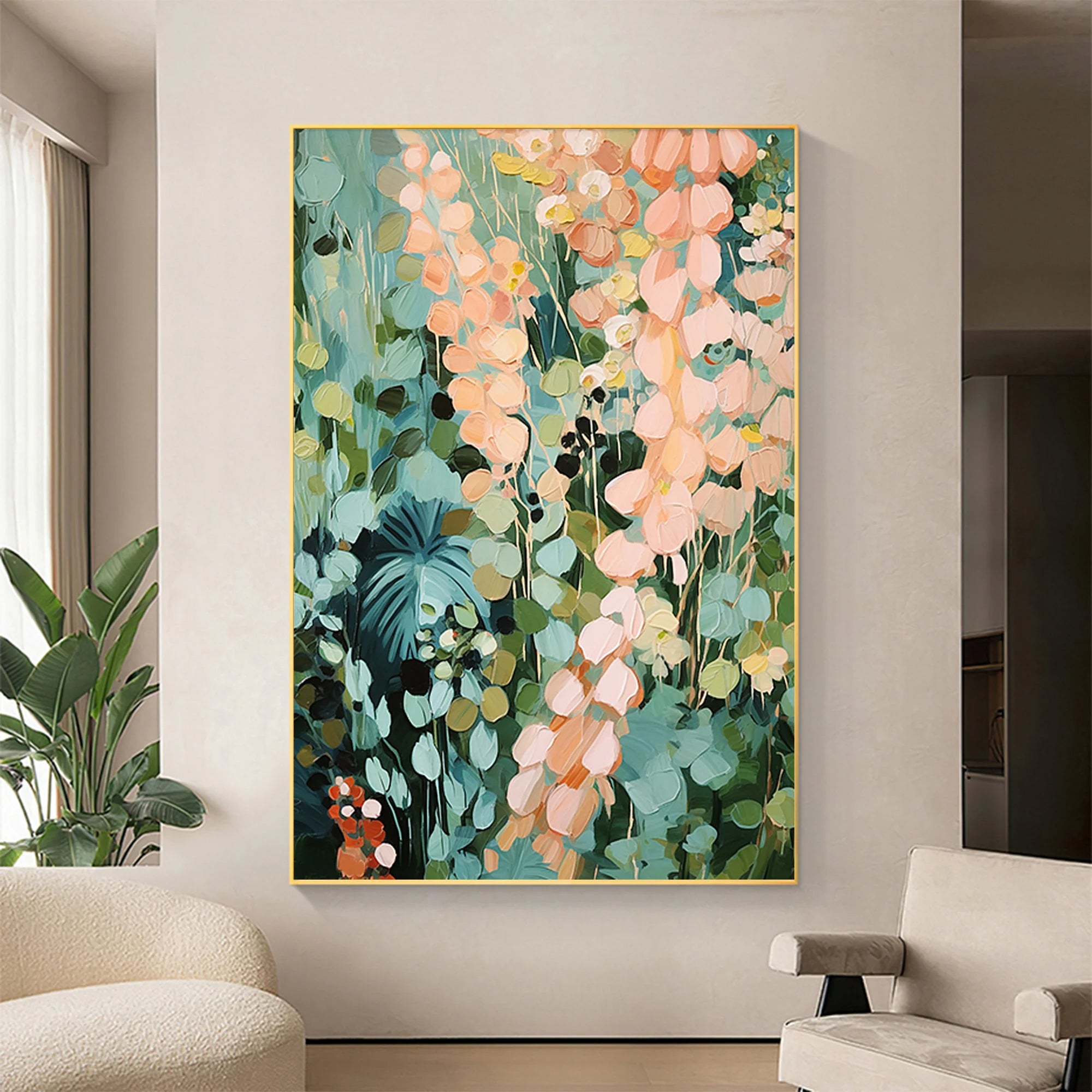Jungle Bloom – Hand-Painted Deep Green and Apricot Flower Palette Knife Floral Painting | Tropical Botanical Bedroom & Dining Room Art