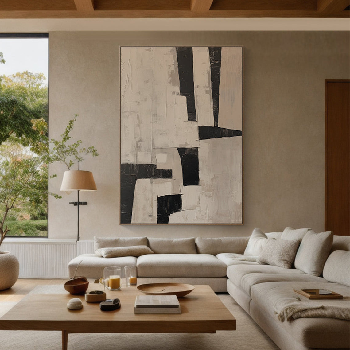 Urban Contour – Hand-Painted Charcoal Grey and Beige Geometric Block Abstract Painting | Industrial Abstract Home Office & Living Room Art