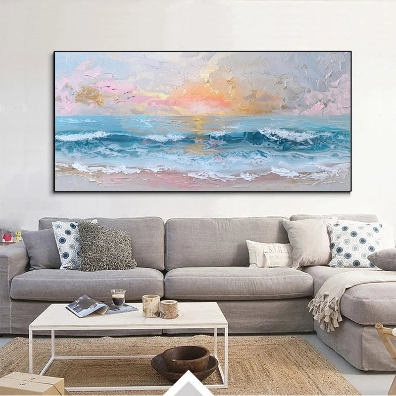 Pastel Sunset – Hand-Painted Sunset Ocean Wave Palette Knife 3D Seascape Painting | Coastal Modern Living Room & Bedroom Art
