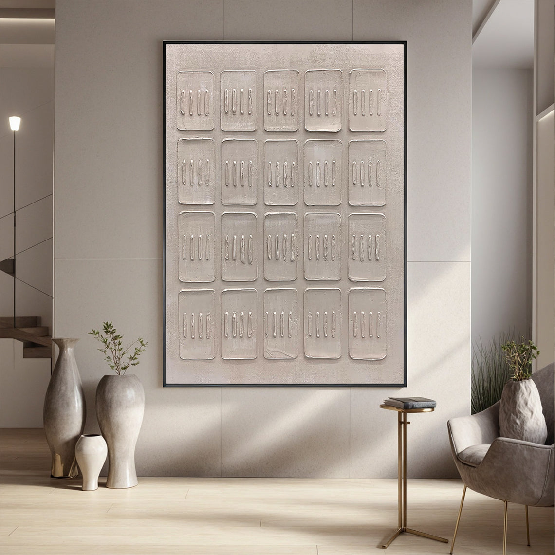 Ordered Blocks – Hand-Painted Minimalist Beige Geometric Relief Plaster Effect Wabi-Sabi Painting | Japandi Organic Wabi-Sabi Living Room & Hallway Art
