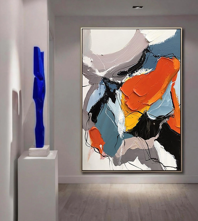 Vibrant Energy – Hand-Painted Bold Orange and Slate Grey Palette Knife Abstract Painting | Bold Abstract Palette Knife Living Room Art