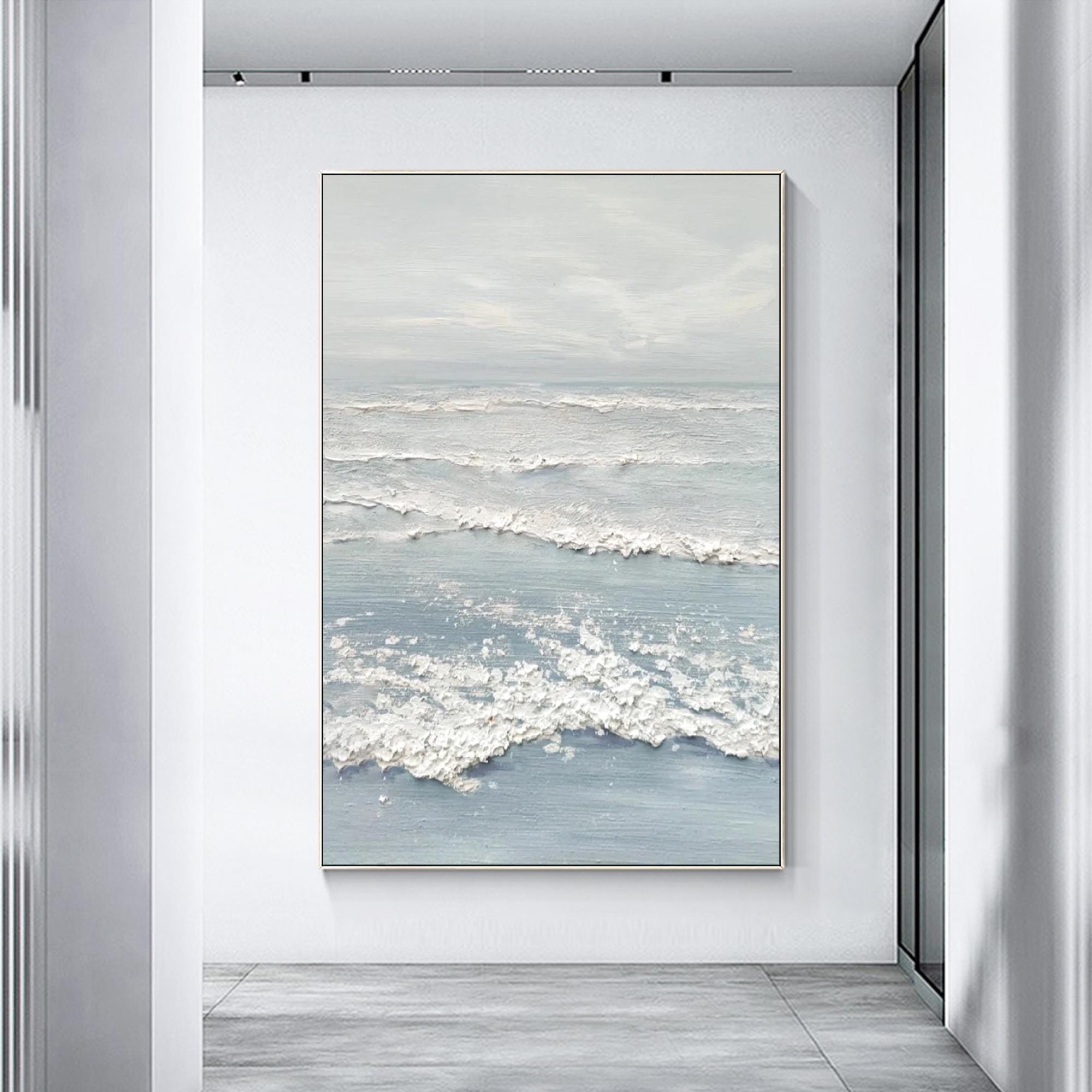 Ocean Mist – Hand-Painted Pale Blue 3D Impasto Wave Seascape Painting | Coastal Modern Living Room & Bedroom Art
