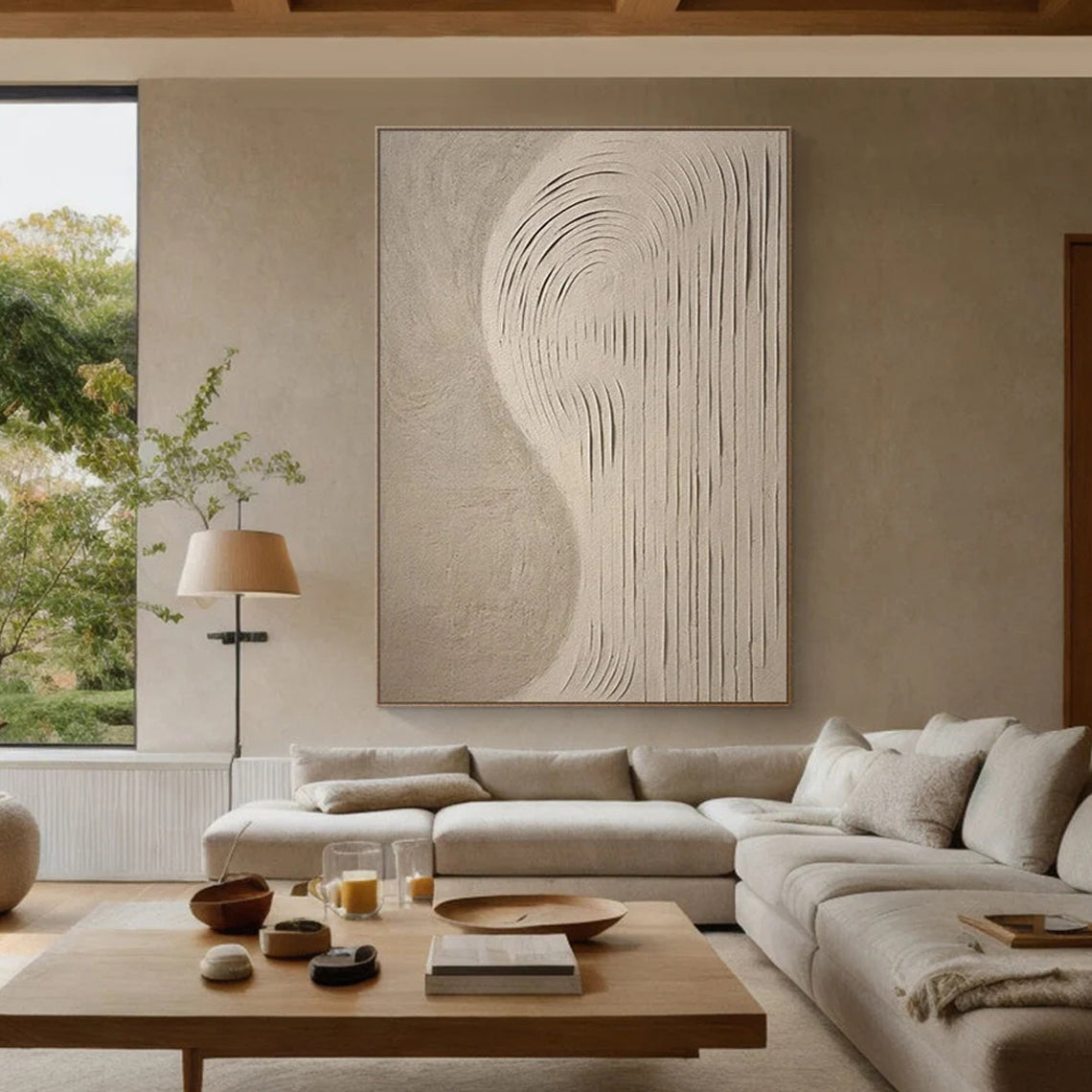 Organic Curve – Hand-Painted Neutral Beige S-Shape Plaster Relief Wabi-Sabi Painting | Japandi Organic Wabi-Sabi Living Room & Hallway Art