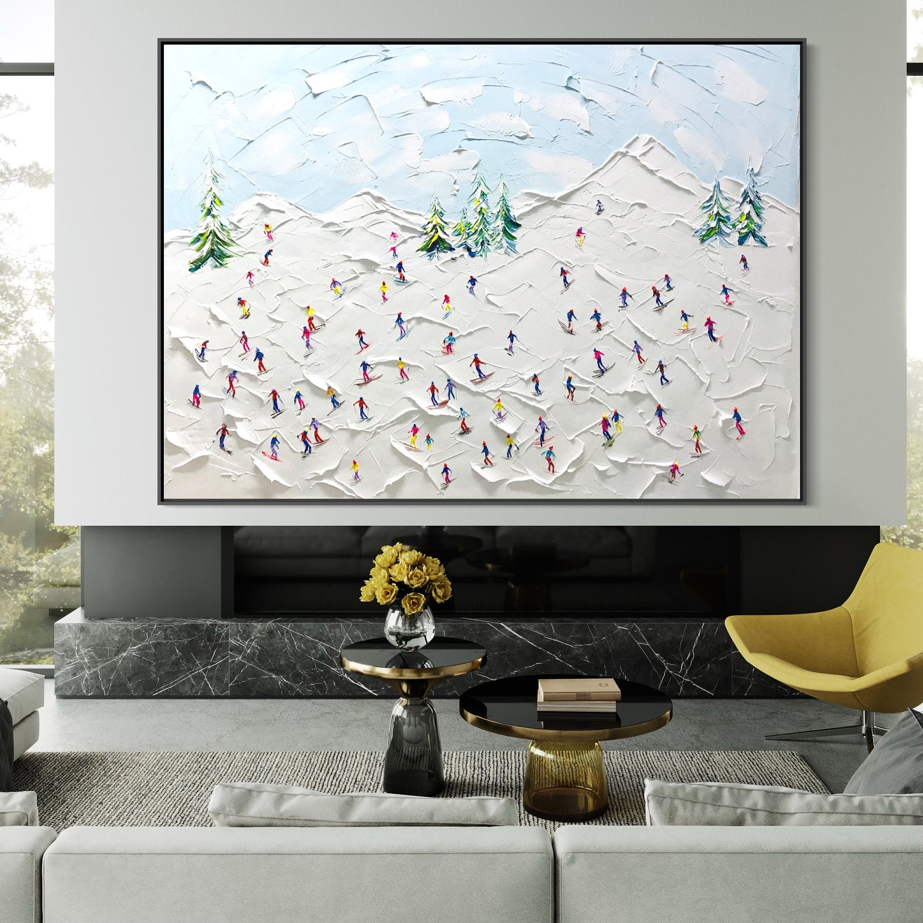 Summit Joy – Modern Heavy Impasto Skiing Oil Painting | Creative Snow Mountain Textured Living Room Art