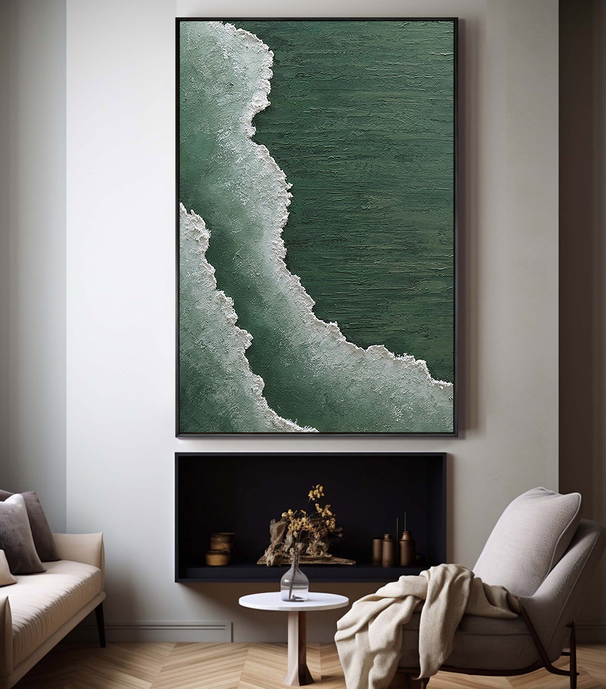 Emerald Tide – Deep Green Forest Sea Foam Relief Landscape Painting | Contemporary Landscape Living Room & Dining Room Art