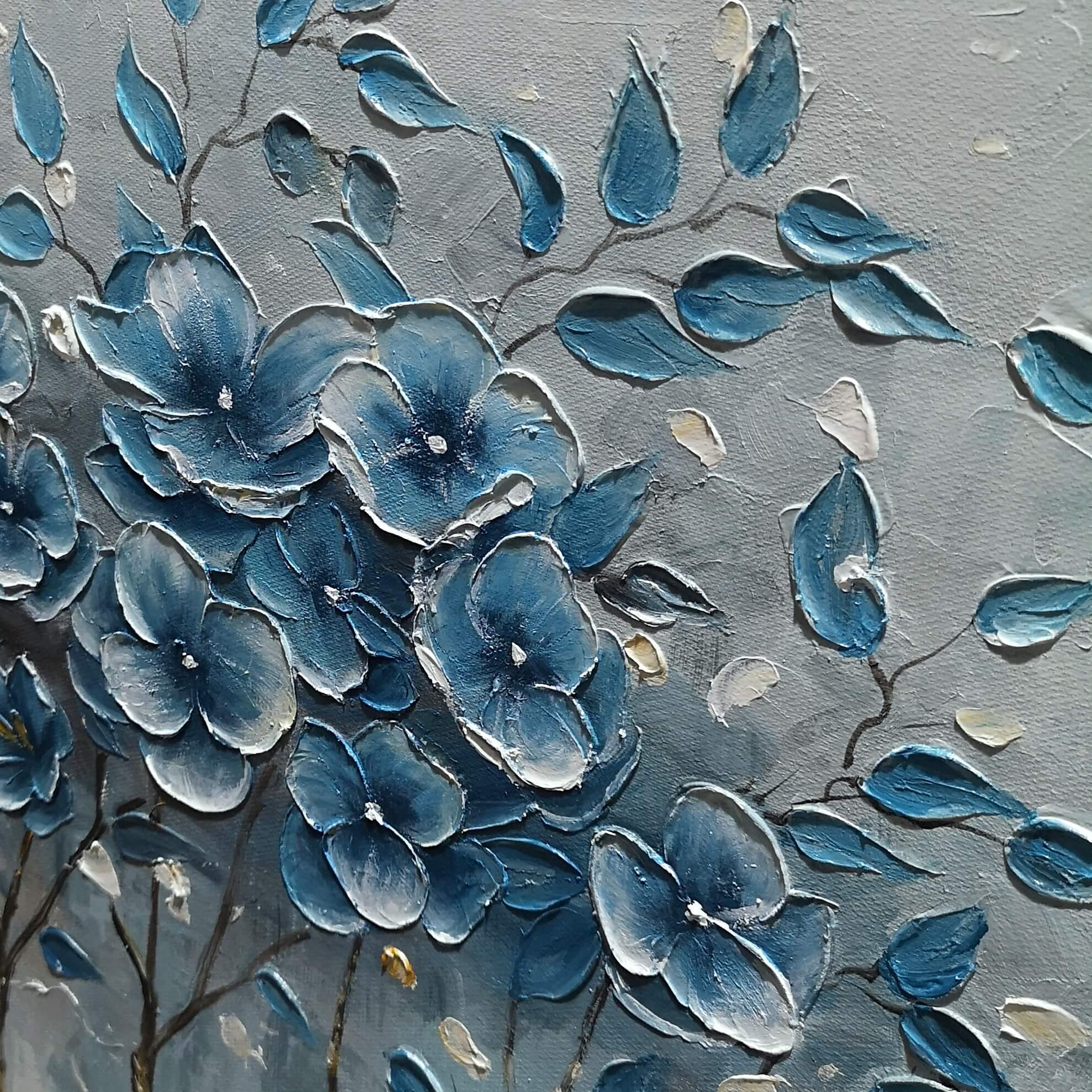 MIDNIGHT NAVY: Panoramic Heavy Texture Floral Oil Painting, 3D Blue Flower Wall Art