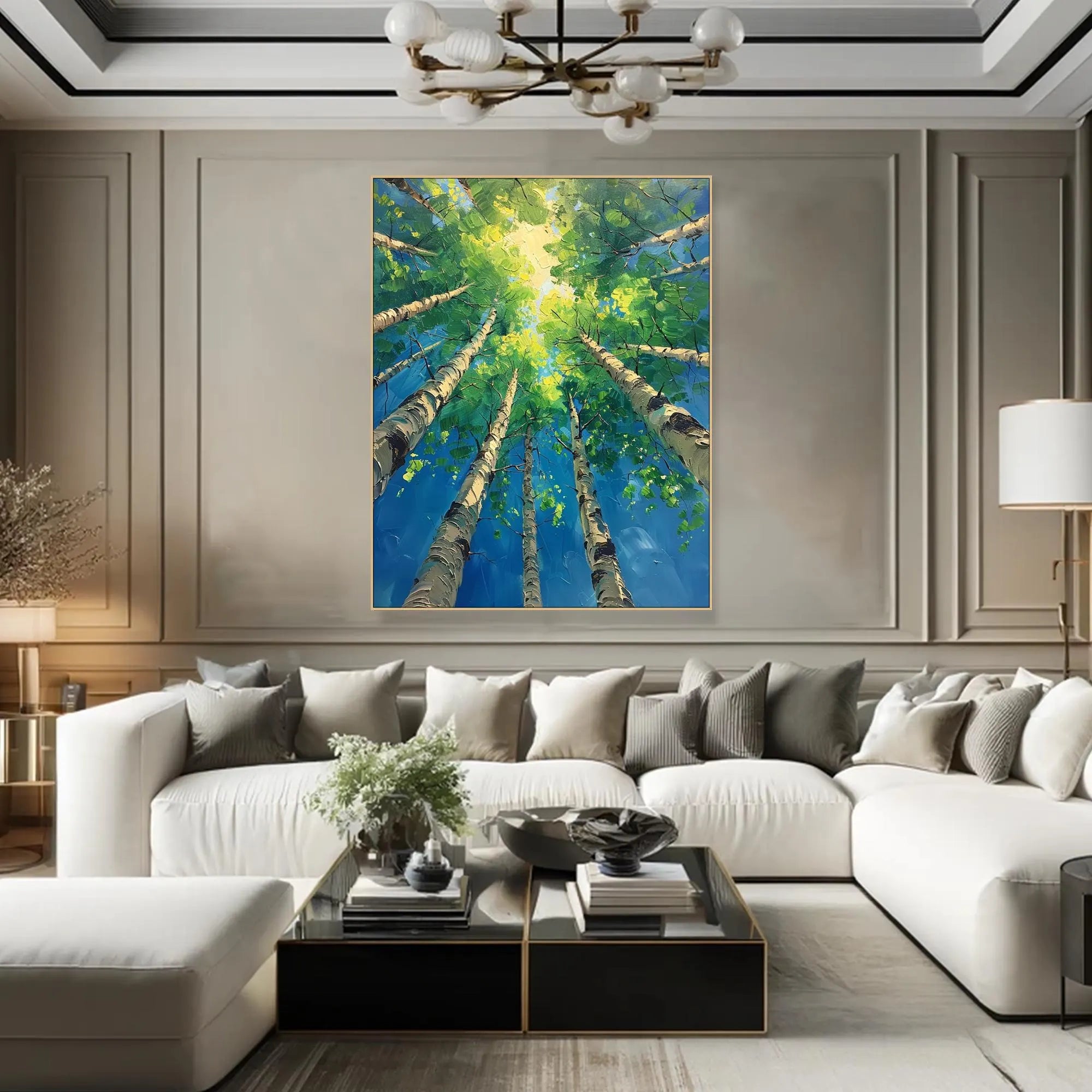 Azure Birch – Hand-Painted Looking Up Birch Forest Blue Sky Palette Knife Thick Nature Painting | Coastal Modern Living Room & Bedroom Art