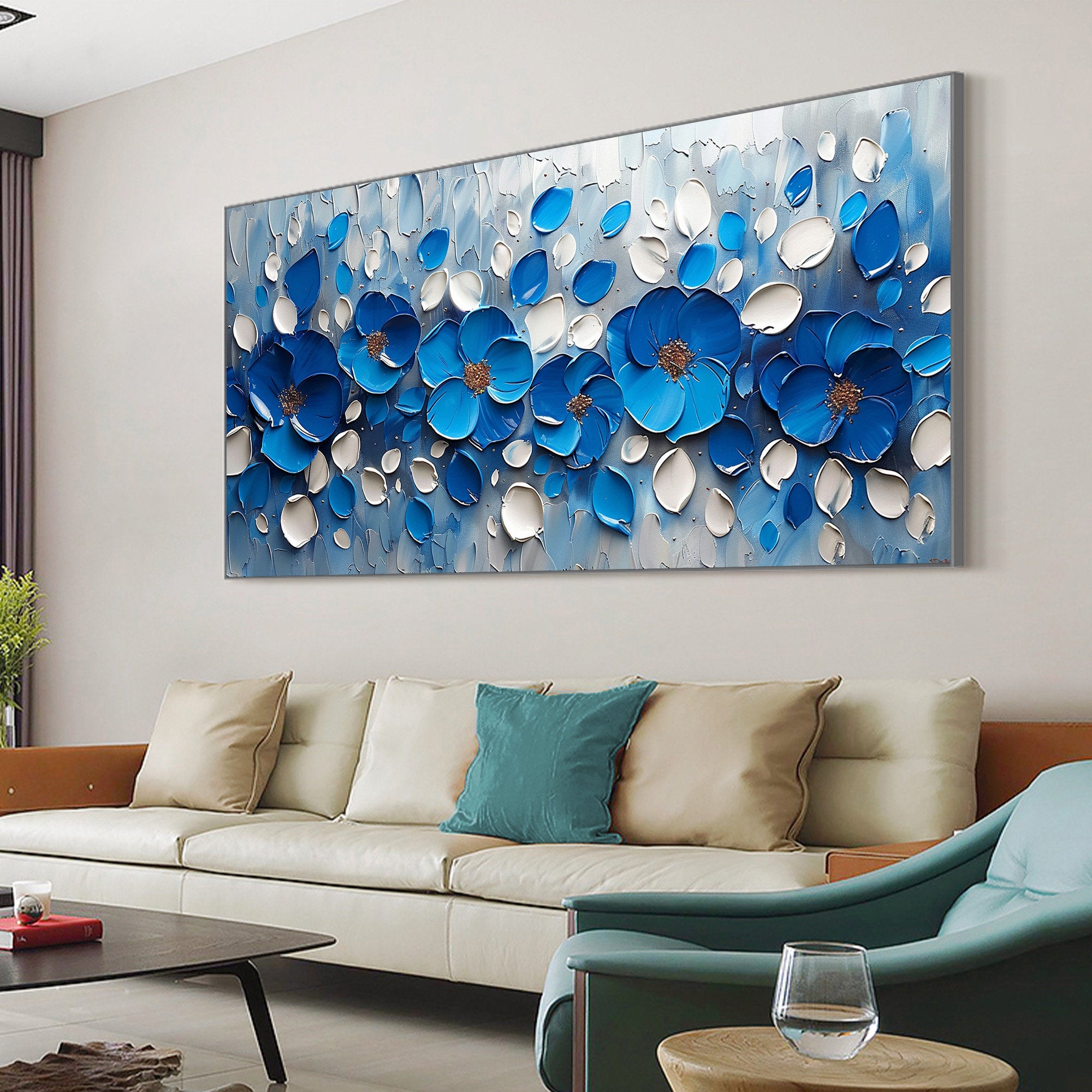 ROYAL PETALS: Flower-Tree Art, Hand-Painted Horizontal Royal Blue and White 3D Textured Palette Knife Heavy Texture Canvas Painting